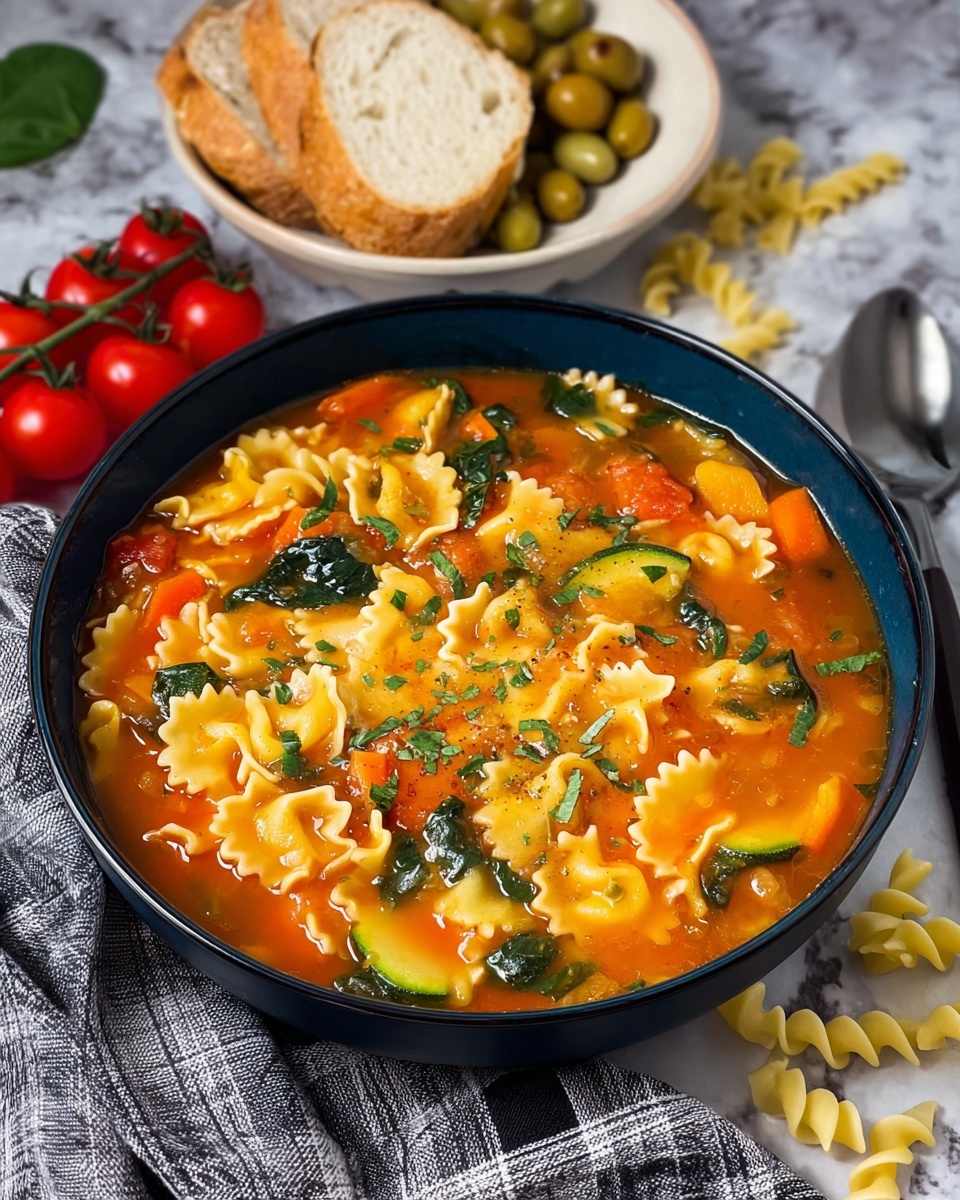 The image shows a bowl of bright orange-red soup filled with wide ruffled pasta, green spinach leaves, and small pieces of green zucchini and carrots, all mixed in a thick broth. The soup has a fresh, chunky texture with visible bits of tomato and herbs sprinkled on top. The bowl is dark blue, placed on a white marbled surface with loose dry pasta nearby. Behind the soup, there is a white bowl holding slices of rustic bread with olives, and a cluster of small red cherry tomatoes on the vine sits nearby. A gray and white checkered cloth is under part of the soup bowl, and a spoon is partially visible in the background. photo taken with an iphone --ar 4:5 --v 7