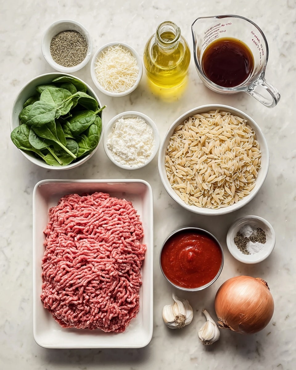The image shows various cooking ingredients neatly arranged on a white marbled surface. In the center is a white tray with a large portion of raw ground meat that is pinkish-red with stringy texture. Above the meat, there is a small white bowl filled with finely grated white cheese. Next to it is a clear glass bottle of yellowish olive oil and a clear measuring cup with dark brown broth inside. To the right of the meat, a white bowl holds many small beige orzo pasta pieces. Below this, a small white container contains plain white salt, and beside it is another small container with ground black pepper. At the bottom right corner, a shiny brown onion and several cloves of garlic are laid out. On the bottom left, a white bowl is filled with fresh dark green spinach leaves. A small metal can of bright red tomato sauce is placed centrally. A jar of dried green herbs lies tilted on the left upper corner. The whole scene is well lit and clearly shows the variety of textures and natural colors of these cooking ingredients, photo taken with an iphone --ar 4:5 --v 7
