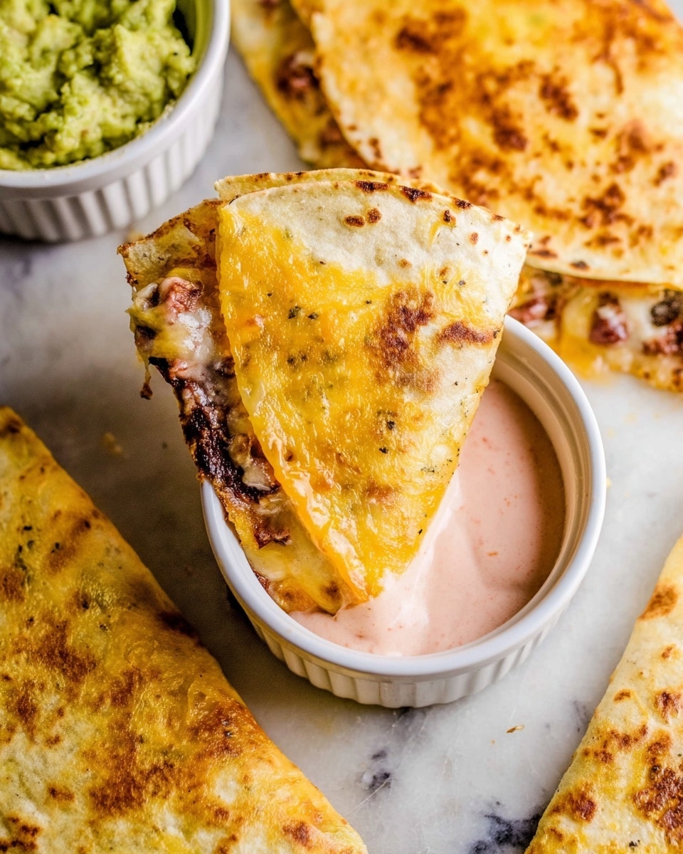 The image shows two folded tortillas with a melted, golden-brown cheese layer mixed with dark bits of filling inside, partially dipped into a small white ramekin filled with a pink creamy sauce. The tortillas have light brown spots on their soft surface. Surrounding the ramekin, more toasted tortillas with cheese and filling are visible on a white marbled textured surface, along with a small white bowl containing green guacamole. The overall look is warm, cheesy, and slightly crispy, with the pink sauce adding a contrasting smooth texture photo taken with an iphone --ar 4:5 --v 7