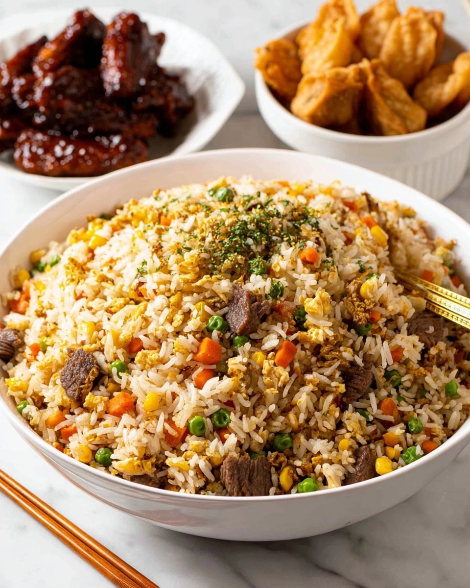 A large white bowl filled with fried rice that has three visible layers: the base layer is fluffy rice mixed with small green peas, orange carrot cubes, and yellow corn kernels; the middle layer contains larger chunks of cooked brown beef; the top layer shows a sprinkle of finely chopped green herbs. Behind the bowl, there are two smaller white bowls, one with crispy golden fried wontons and the other with dark glazed chicken wings. The scene is set on a white marbled surface, with a pair of chopsticks resting beside the bowls on the left and a gold spoon partially visible inside the fried rice bowl. Photo taken with an iphone --ar 4:5 --v 7