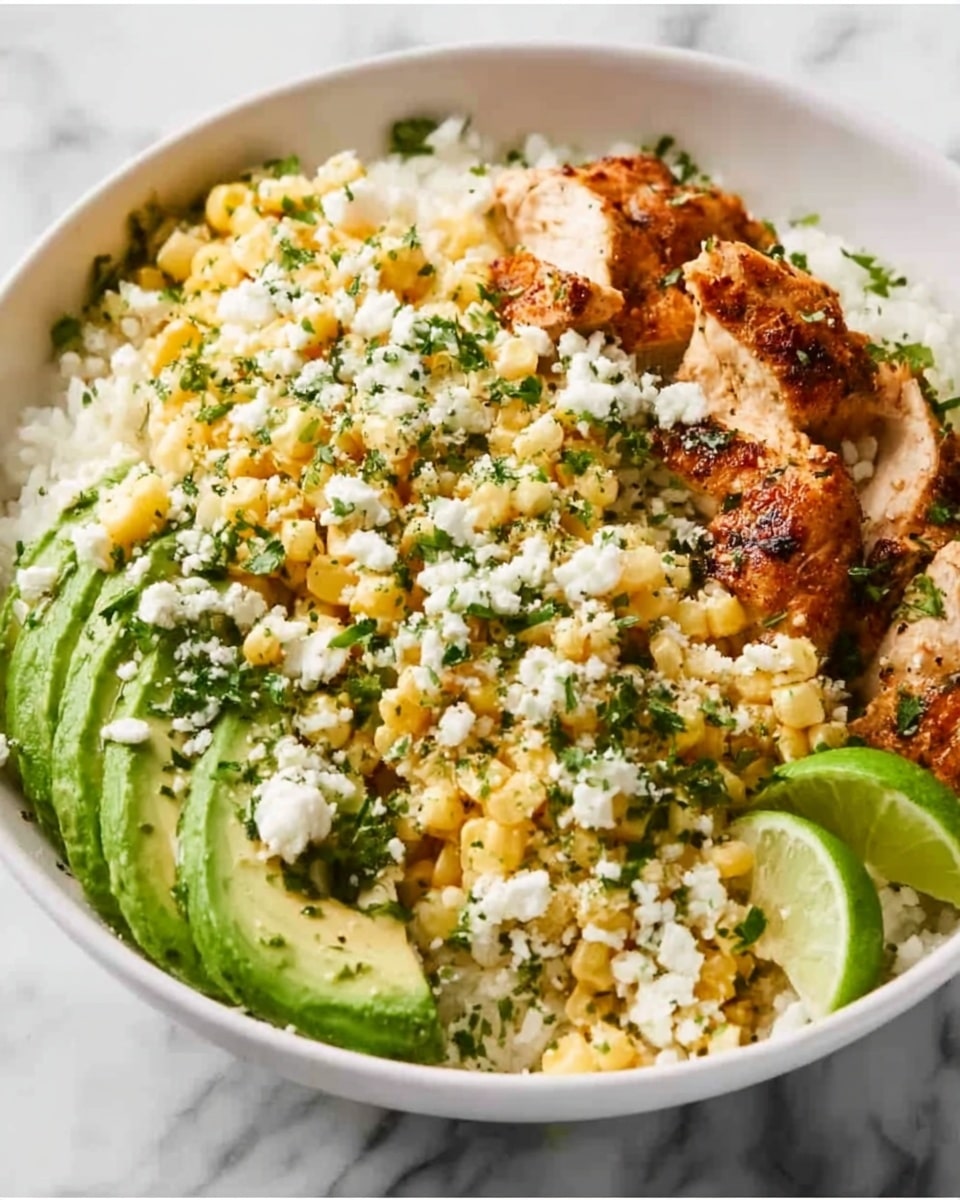 A white bowl filled with layers starting from a bed of soft white rice topped with green avocado slices on one side and two browned pieces of cooked chicken placed near the center. Over the chicken and avocado, there is a generous layer of yellow grilled corn mixed with small green herbs. Small white crumbles, likely cheese, are sprinkled over the corn and chicken. At the edge of the bowl, there are two small lime wedges for garnish. The background is a white marbled texture. photo taken with an iphone --ar 4:5 --v 7