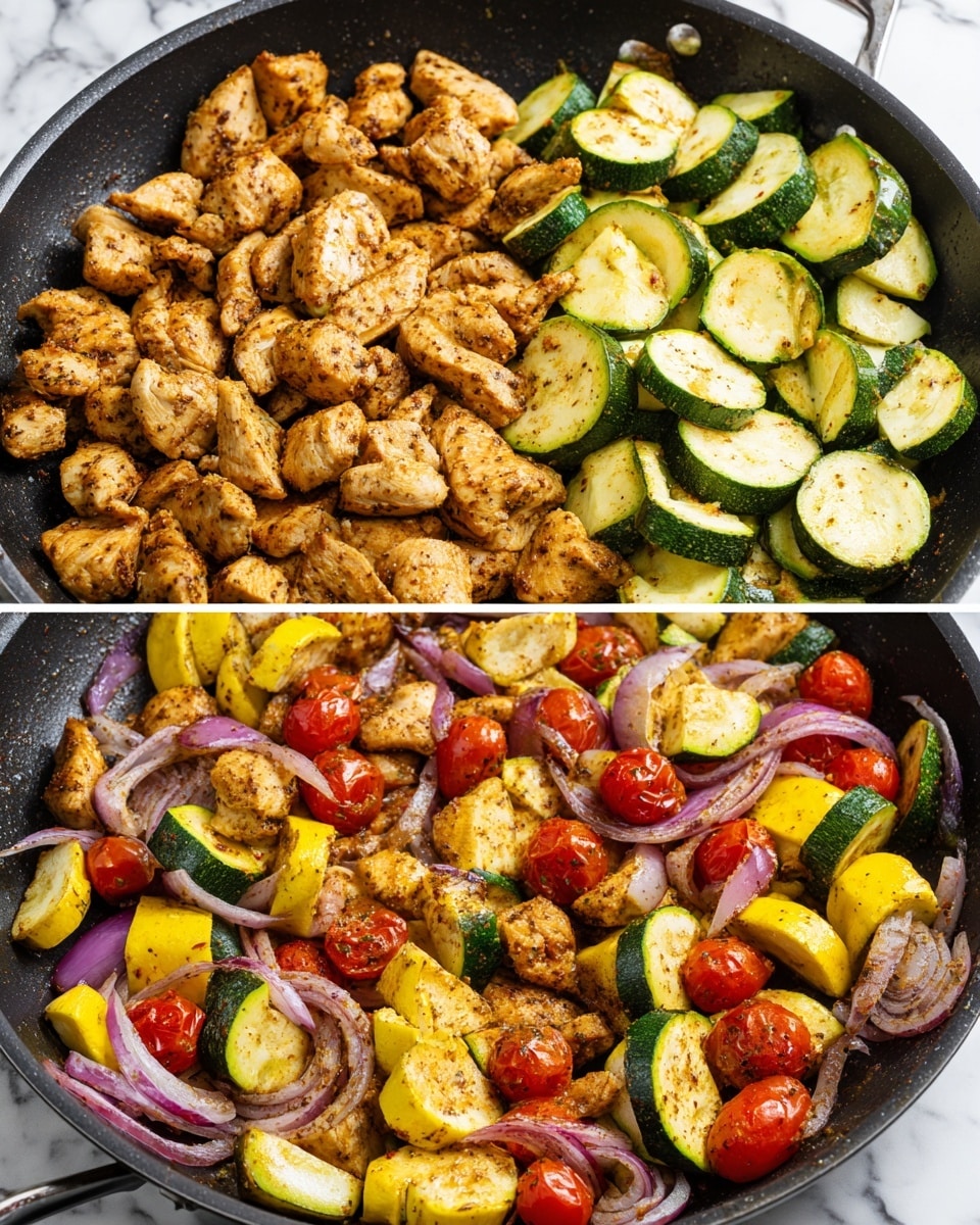 The image shows three layers of cooking in a black skillet on a white marbled surface. The top left layer has small, golden brown pieces of cooked chicken with a slightly crispy texture, spread evenly across the pan. The top right layer displays half-moon slices of green zucchini and yellow squash, along with small red cherry tomatoes and thin strips of purple onion, all lightly coated with herbs and spices. The bottom layer combines the cooked chicken pieces with sautéed vegetables including zucchini, yellow squash, cherry tomatoes, and purple onion slices, all mixed together with a light seasoning giving a colorful, textured look. photo taken with an iphone --ar 4:5 --v 7