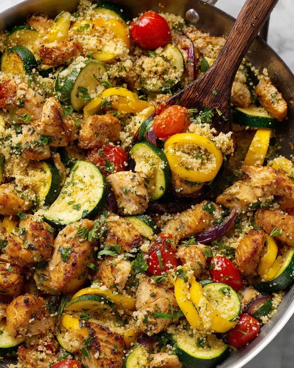 This image shows a close-up view of a dish with three main layers mixed together in a skillet: small browned pieces of cooked chicken with a golden crust, slices of green zucchini and yellow squash with light grill marks, and scattered bright red cherry tomatoes along with some cooked red onion slices. The dish is sprinkled with light, crumbly couscous and small green herb bits spread evenly on top. A wooden spoon scoops a portion of the mixture, highlighting the colorful, textured ingredients. The background is a white marbled texture. Photo taken with an iphone --ar 4:5 --v 7
