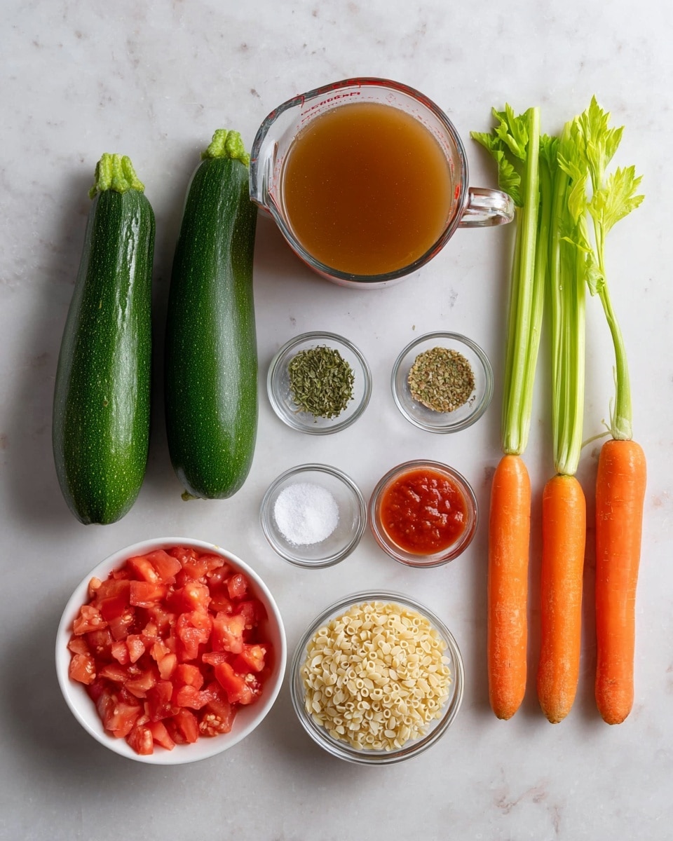 Two whole green zucchinis are placed on the left side, side by side. Next to them is a glass measuring cup filled with brown broth. Below the zucchinis and cup are two small clear bowls, one with red diced tomatoes and the other with uncooked orzo pasta, both are in round white bowls. Between the cups and vegetables are small glass bowls with salt, pepper, mixed herbs, and a red tomato paste. To the right, three whole orange carrots with green tops are aligned vertically. At the far right, three green celery stalks with leaves stand vertically. The surface is a white marbled texture. photo taken with an iphone --ar 4:5 --v 7
