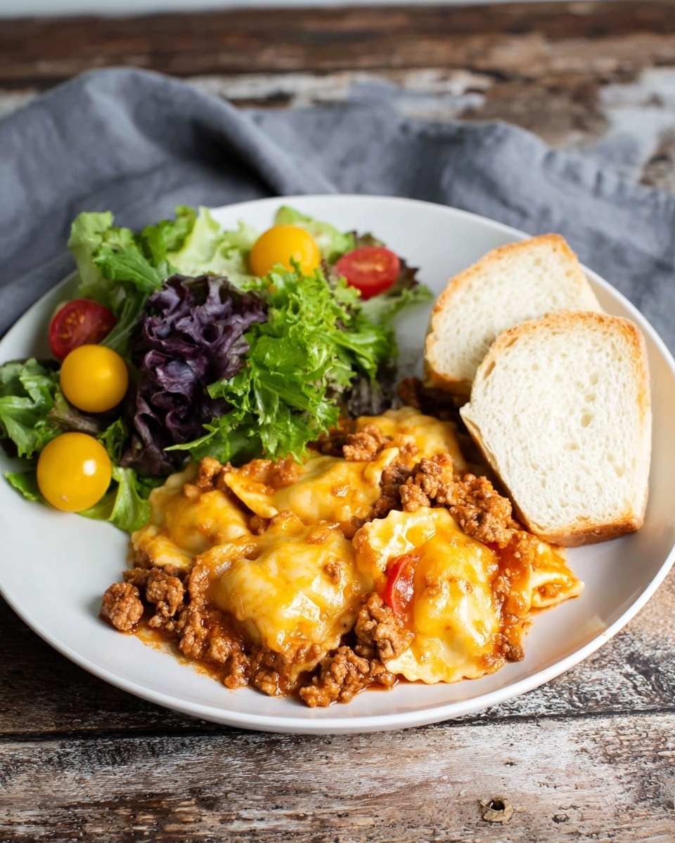 A white plate holds three main parts: on the bottom right, there are several pieces of ravioli covered in a sauce of cooked ground meat and melted yellow-orange cheese, with some tomato chunks visible in the sauce; on the top right, two thick slices of soft white bread are stacked side by side; on the left side of the plate, a fresh salad made of mixed green and purple lettuce leaves and whole yellow and red cherry tomatoes adds color and texture. The plate sits on a rustic wooden surface with a gray cloth in the background. Photo taken with an iphone --ar 4:5 --v 7