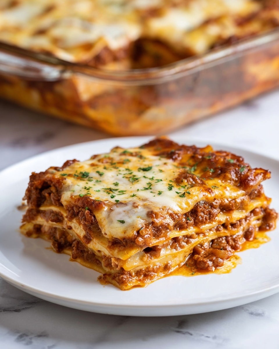 A square piece of lasagna sits on a white plate, showing four visible layers of pasta sheets alternating with rich reddish-brown meat sauce and melted cheese. The top layer has golden, slightly browned melted cheese with small green herb bits sprinkled on it. Behind the plate, a glass baking dish filled with the same lasagna is slightly out of focus, placed on a white marbled surface. The overall look is warm, cheesy, and hearty, with sauce slightly oozing from the sides. photo taken with an iphone --ar 4:5 --v 7