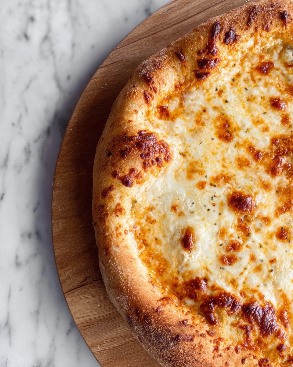 A close-up view of a pizza on a wooden board resting on a white marbled surface, showing a golden brown crust with small dark spots and a slightly puffed texture. The pizza has one main layer of melted cheese that is creamy white with some browned bubbles and patches of orange from melted cheese and sauce underneath. The crust edges show some toasted cheese bits sticking out. Photo taken with an iphone --ar 4:5 --v 7