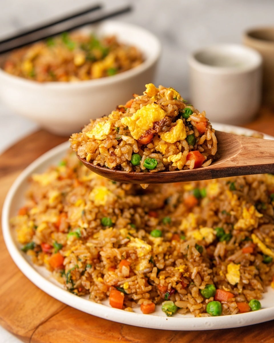 A close-up view of a white round plate filled with fried rice, showing a mix of brown cooked rice grains with bright yellow scrambled egg pieces, small orange carrot cubes, green peas, and chopped green onions. A wooden spoon holds a scoop of this colorful rice mixture above the plate, displaying the various ingredients clearly. In the background, a white bowl with more fried rice rests on a white marbled surface, with blurred containers also visible. The scene captures warm tones and a rustic, hearty meal presentation. photo taken with an iphone --ar 4:5 --v 7