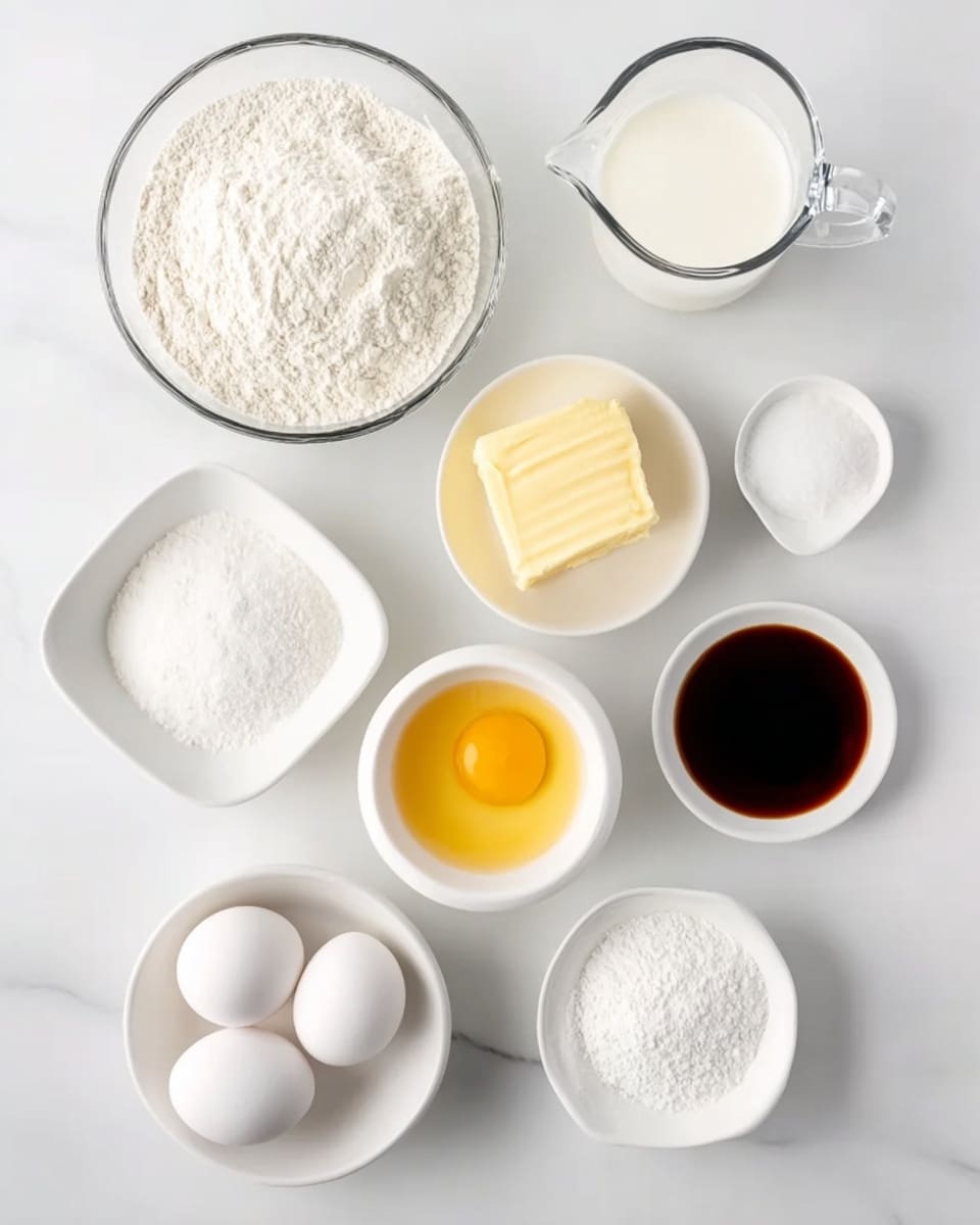 The image shows eight small white dishes and a clear glass bowl arranged on a white marbled surface. The clear glass bowl holds white flour and is placed at the top left. To its right, a clear glass measuring cup contains fresh milk. Below the flour bowl is a white dish with white granulated sugar and next to it on the right is a small white bowl filled with light yellow melted butter. To the right of the butter is a small empty white bowl. Below the sugar dish, two white eggs sit side by side in a white dish. To the right of the eggs is a small white bowl with white baking powder, and to its right, another white dish holds dark brown vanilla extract. All containers neatly form a grid pattern on the white marbled surface photo taken with an iphone --ar 4:5 --v 7
