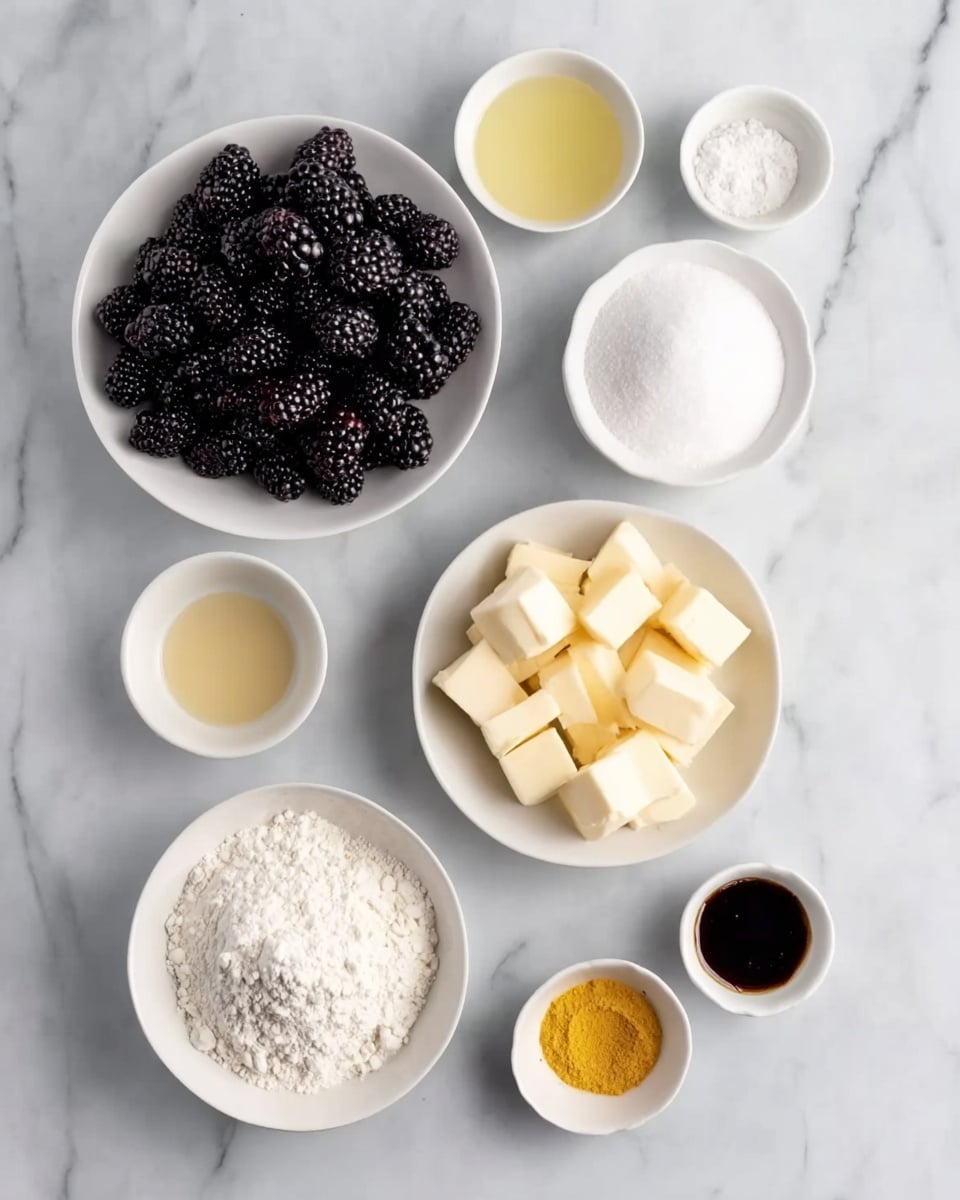 The image shows nine white bowls of different sizes arranged on a white marbled surface. From top left to right, there is a bowl full of fresh blackberries, next to a smaller bowl of white sugar, and then a small bowl of light yellow liquid, likely juice. Below the blackberries is a medium bowl of white flour, and to its right is a medium bowl filled with small cubes of butter. Below the flour bowl is another white bowl with more sugar. Finally, at the bottom center and right are three tiny white bowls, holding vanilla extract, a yellow powder (possibly turmeric or spice), and a small amount of white powder. The clean arrangement and contrast between the colors of the ingredients stand out. Photo taken with an iphone --ar 4:5 --v 7