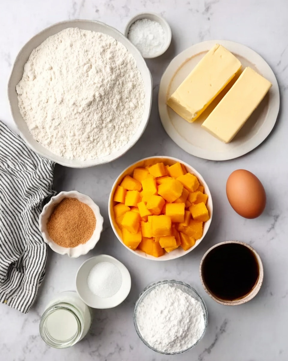 The image shows a white bowl filled with white flour at the top center, alongside a white plate on the right holding two sticks of yellow butter. Below the butter plate, there is a single brown egg placed on the white marbled surface. In the middle, a white bowl contains bright orange diced mango pieces. Surrounding these are smaller white bowls with light brown sugar, white granulated sugar, white powdered sugar, and a small glass jar with white liquid. Additionally, there is a small white bowl with a heap of white baking powder and a small dark brown bowl containing dark vanilla extract at the very bottom. A woman's hand holding the white bowl with flour is visible on the right edge, and a striped cloth napkin is tucked near the flour bowl. Photo taken with an iphone --ar 4:5 --v 7