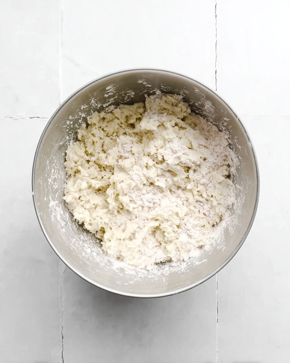 A white metal bowl is shown from above, filled with a rough dough mix. The dough is light beige with some white flour dusted heavily on top and around its edges. The bowl rests on a white marbled surface that looks clean and bright. The dough inside has a lumpy texture, showing uneven clumps with some flour still visible on the sides of the bowl. photo taken with an iphone --ar 4:5 --v 7