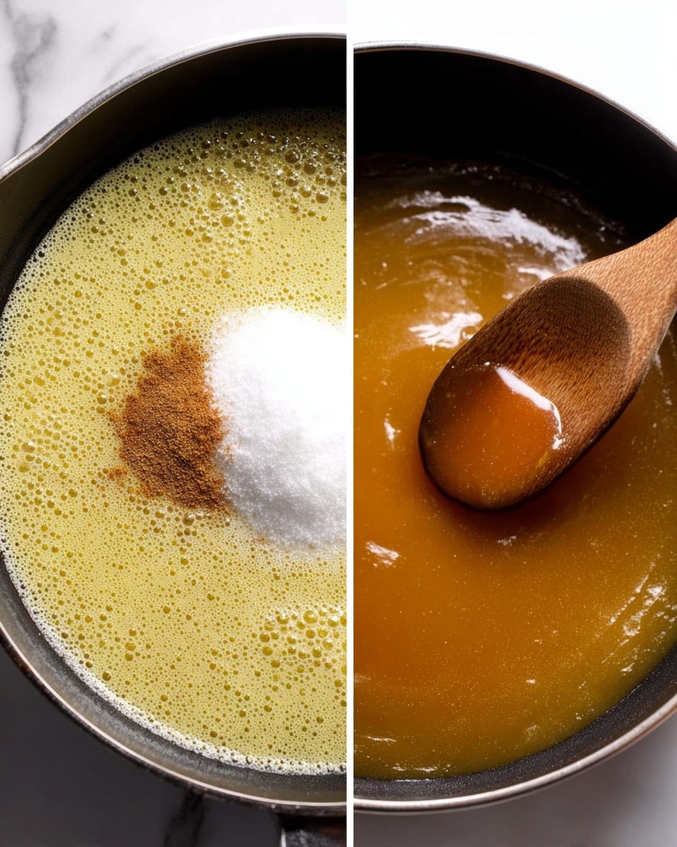 The image shows two close-up views of a black pan on a white marbled surface. In the left part, the pan holds a frothy yellow liquid with bubbles around the edges. On top of the liquid, there is a mound of white granulated sugar and a small pile of brown spice sitting close to each other near the center. The right part shows the same pan filled with a smooth, shiny amber liquid being stirred with a wooden spoon that has a wet, glossy surface. photo taken with an iphone --ar 4:5 --v 7