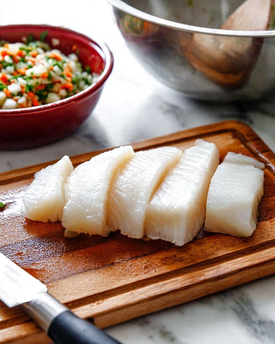 The image shows a wooden cutting board placed on a white marbled surface with several thick, white slices of fish arranged in a neat row on it. The fish slices are glossy and moist, showing a tender texture. At the bottom of the cutting board lies a shiny silver knife with a black handle. In the background, there is a partially visible red bowl filled with a mix of finely chopped vegetables including green herbs, orange carrots, and white onions. A large silver mixing bowl is also seen to the right in the background. The photo taken with an iphone --ar 4:5 --v 7