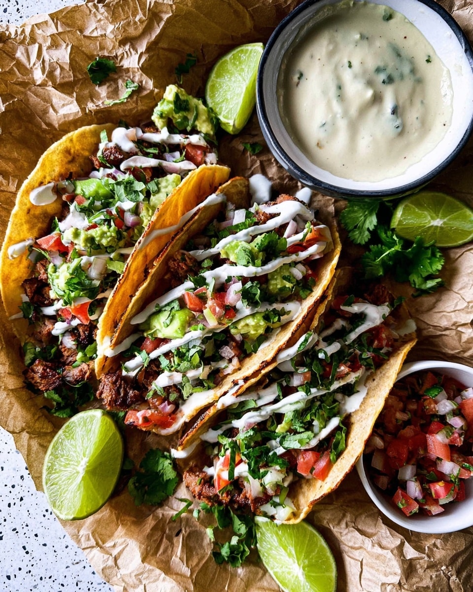The image shows three soft tacos arranged on crumpled brown paper. Each taco has a folded golden-brown tortilla as the base, filled with pieces of browned meat. On top of the meat is a mix of chopped green avocado, red tomato, white onion, and fresh green cilantro, creating a colorful layer. The tacos are drizzled with a light creamy white sauce. Around the tacos, there are green lime halves and some fresh cilantro leaves scattered. To the right side, a white bowl holds a smooth, pale creamy sauce, and below it, another white bowl contains a mix of diced red meat, white onion, and green herbs. The background surface is a white marbled texture. photo taken with an iphone --ar 4:5 --v 7