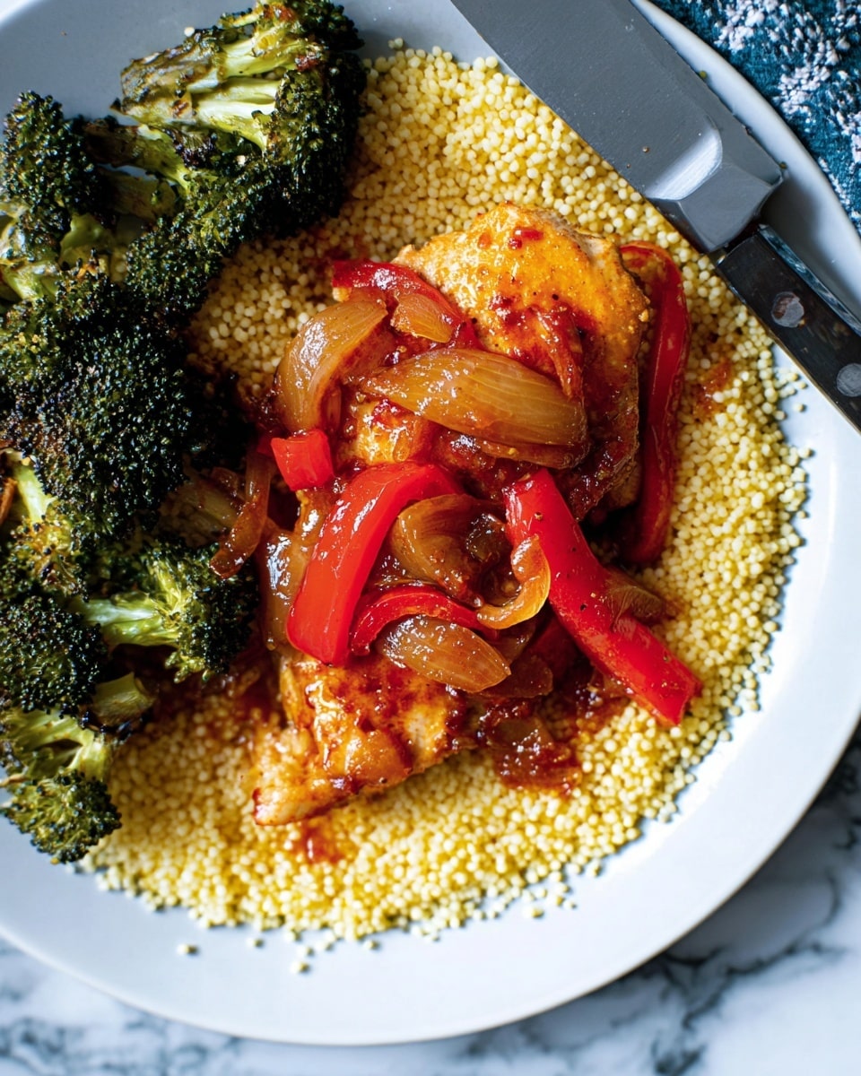 On a white plate, there is a bed of small, yellow couscous forming the base layer. On top of the couscous lies a piece of cooked chicken, covered with a glossy, reddish sauce mixed with chunks of cooked onion and strips of bright red bell pepper. Surrounding the couscous and chicken, there are roasted green broccoli florets with a slightly charred texture. There are also pieces of cooked onion scattered near the couscous. A knife rests on the edge of the plate. The setting is on a white marbled surface. Photo taken with an iphone --ar 4:5 --v 7