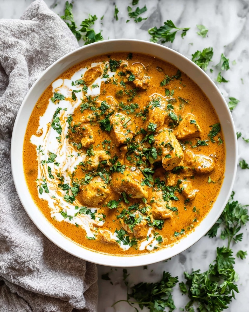 A white bowl filled with a rich, creamy orange curry with chunks of light brown chicken pieces throughout. There is a swirl of white cream partially mixed into the sauce near the left side, adding contrast. The curry is topped with a generous amount of chopped fresh green herbs scattered evenly on top. The bowl is set on a white marbled surface with a light gray cloth casually placed around it, and some loose sprigs of green herbs are scattered around the bowl. photo taken with an iphone --ar 4:5 --v 7