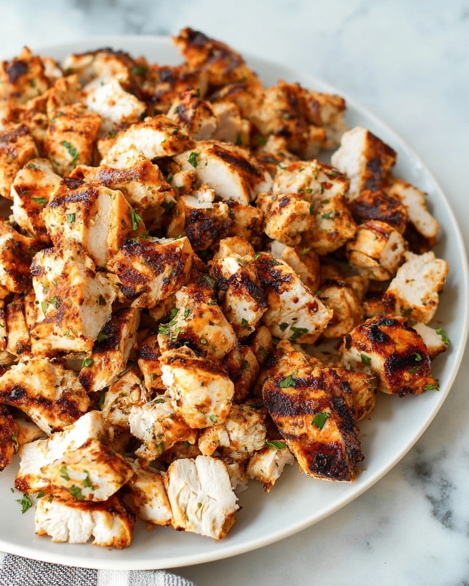 A white plate is full of small pieces of grilled chicken, each piece showing a mix of golden brown and white colors with some black grill marks. The chicken pieces look slightly charred on the edges and are sprinkled with small bits of green herbs, adding a touch of color. The texture varies from soft and juicy white parts to crispy and darker grilled parts. The plate sits on a white marbled surface with a soft and clean background. Photo taken with an iphone --ar 4:5 --v 7