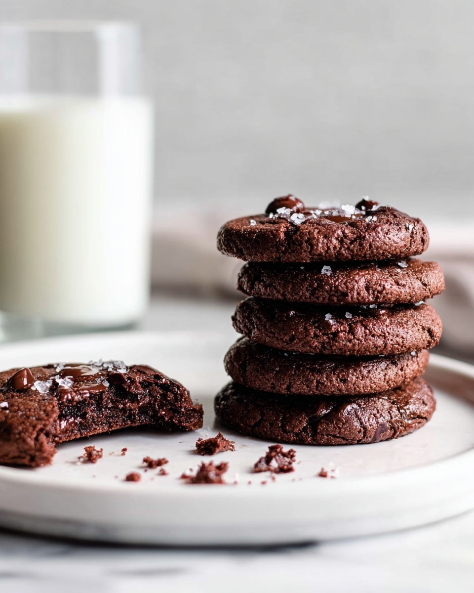 In the image, there is a white round plate with a stack of five dark chocolate cookies on the right side, each cookie thick with a soft texture and visible chocolate chips and small sprinkle of white salt on top. To the left of the stack, there is one cookie lying flat with a bite taken out, showing the moist, dense inside with chocolate chips. There are small cookie crumbs scattered around the plate, which is placed on a white marbled surface. In the blurred background, there is a tall glass of milk. The photo is taken with an iphone --ar 4:5 --v 7