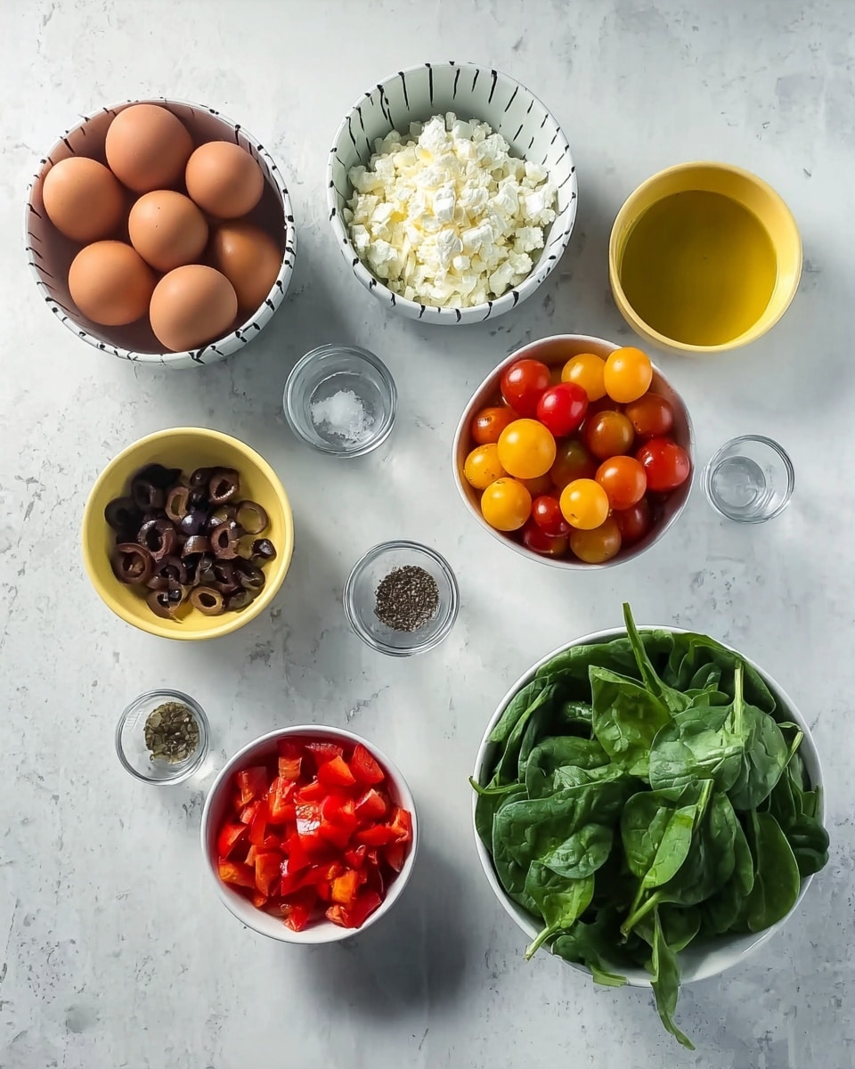The image shows various cooking ingredients placed on a white marbled surface. There is a white striped bowl in the top left corner filled with several brown eggs. Below it, a small white bowl contains white crumbled cheese. To the right of that, another small white bowl holds colorful cherry tomatoes in yellow, red, and brown shades. Above these, a small white bowl contains diced onions, and next to it is a yellow bowl with small dark pieces, possibly chopped olives. On the right side, a medium white bowl is filled with fresh green spinach leaves. Above the spinach, a small white bowl contains diced red bell pepper. Between the bowls, there are also three small clear glasses holding olive oil, salt, and black pepper. The ingredients are spaced neatly and evenly across the white marbled background, giving a clean and organized look. Photo taken with an iphone --ar 4:5 --v 7