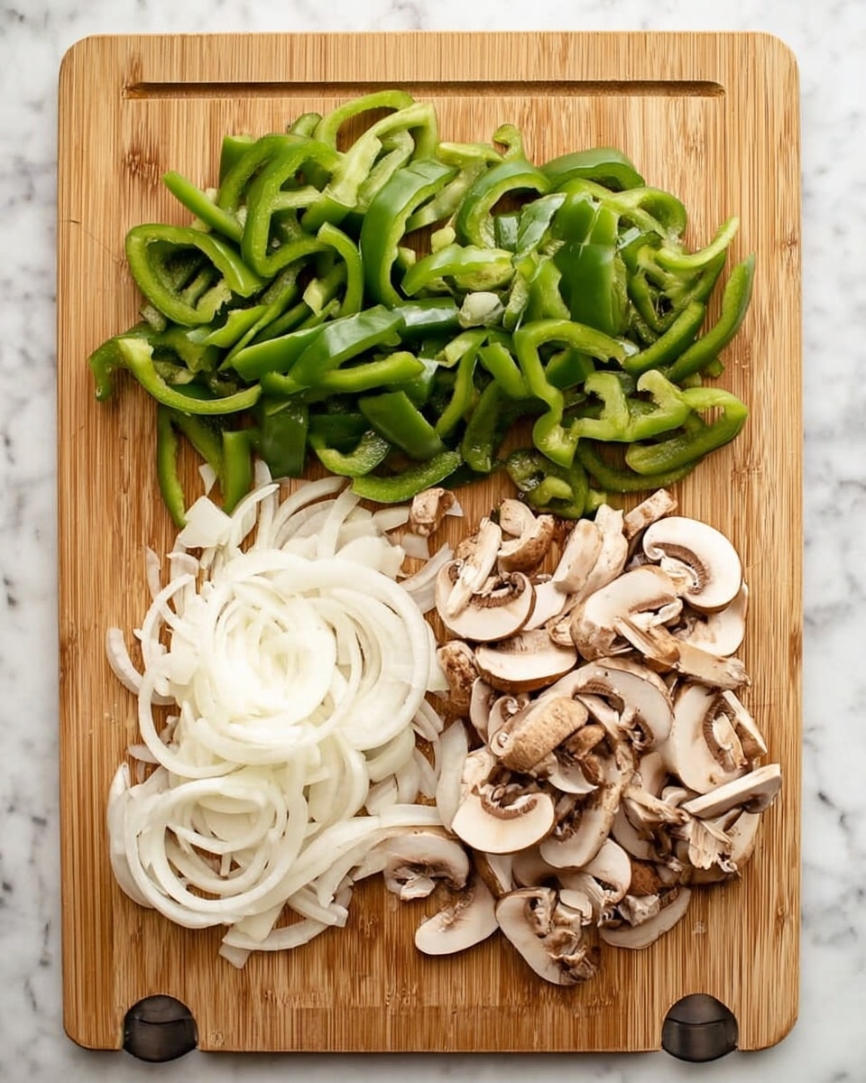The image shows a light brown cutting board on a white marbled surface. On the cutting board, there are three groups of sliced vegetables arranged in neat piles: green bell peppers on the left with thin, long strips, white onions in the middle with round rings and curved shapes, and light brown mushrooms on the right with thin slices showing their inside texture. The colors and textures of the vegetables are clear and fresh. photo taken with an iphone --ar 4:5 --v 7