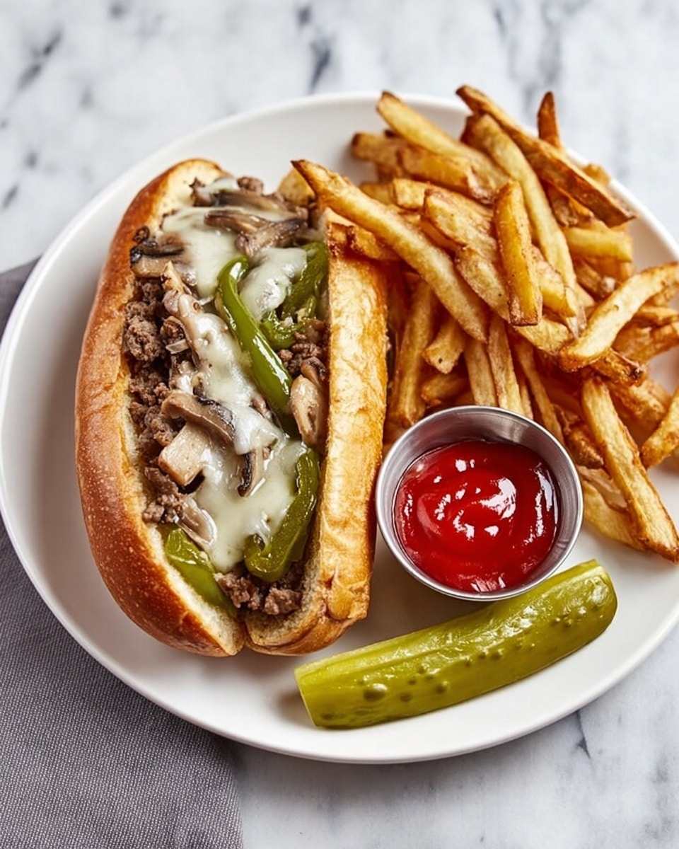 A white round plate sits on a white marbled surface, holding a cheesesteak sandwich, fries, and a pickle. The sandwich has a golden toasted bun filled with three layers: a base layer of cooked ground beef mixed with small green pepper strips and sliced mushrooms, a middle layer of melted white cheese draped over the meat, and a top layer of the bun slightly open to show the filling. Next to it is a pile of crispy golden fries, some lying slightly uneven, with a small round metal cup filled with red ketchup nestled among them. Below the fries rests a glossy, green pickle spear placed horizontally. Photo taken with an iphone --ar 4:5 --v 7