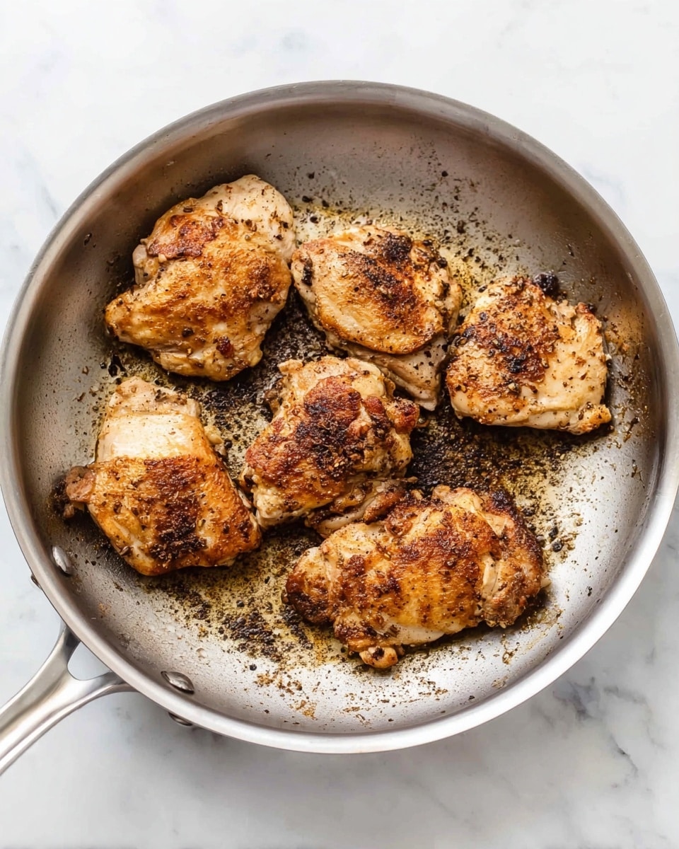 Inside a silver metal pan, there are five pieces of cooked chicken with a browned, slightly crispy outer layer. The chicken pieces are arranged mostly in the center, with some darker seasoning spots and a few small burnt bits on the pan's surface. The pan has a smooth texture and two handles, and it is placed on a white marbled surface. photo taken with an iphone --ar 4:5 --v 7