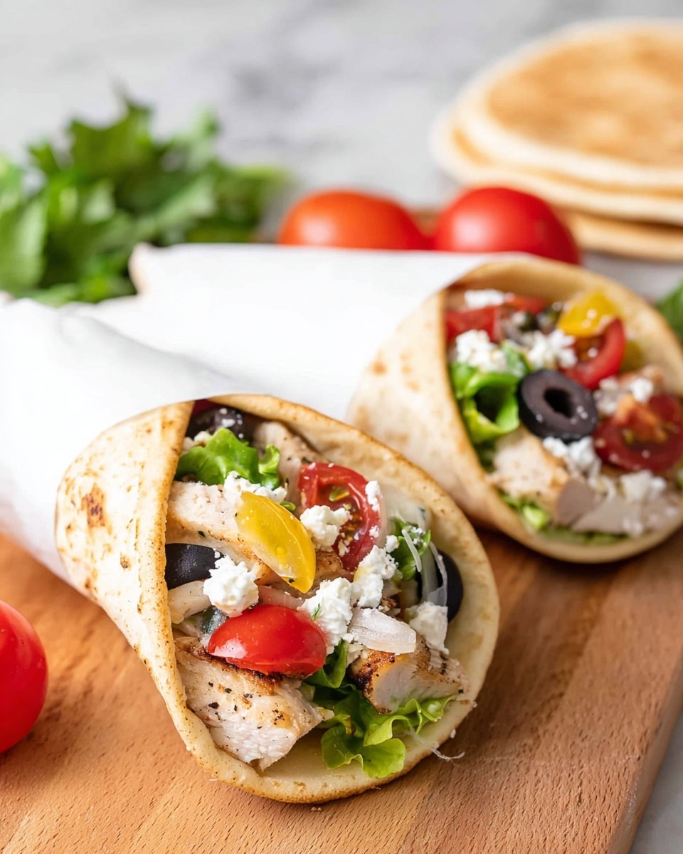 Two wraps are placed on a wooden surface with a white marbled background. Each wrap has a soft, light brown flatbread folded into a cone shape. Inside, there are visible layers of grilled pieces of light beige chicken, bright red tomato chunks, black olive slices, fresh green lettuce, small yellow tomatoes, and white crumbled cheese. The wraps are partially wrapped in white paper at the top, with vibrant colors of fresh ingredients spilling out slightly. In the background, there are blurred whole flatbreads and a small red tomato with leafy greens adding a fresh touch. Photo taken with an iphone --ar 4:5 --v 7