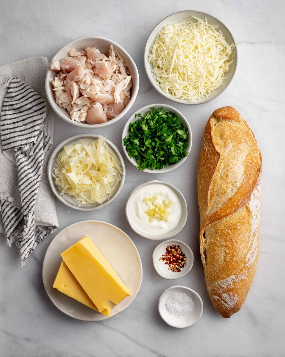 The image shows a flat lay of cooking ingredients arranged on a white marbled surface. From the top left, there's a white bowl filled with pale pink chopped chicken pieces, next to a white bowl full of finely shredded white cheese. Below the chicken bowl is a small silver bowl of bright green fresh parsley, and beside it is a small bowl with white cream. Near the center bottom, a small bowl holds finely minced light yellow garlic. To the right, a white loaf of crusty bread with a golden brown crust lies vertically. A wedge of hard yellow cheese is placed vertically on the left side near the butter, which is cut into thick rectangular sticks in a white bowl. Finally, two tiny bowls at the bottom contain a fine white powder and some red pepper flakes. A folded cloth with thin black stripes is visible in the top left corner. Photo taken with an iphone --ar 4:5 --v 7