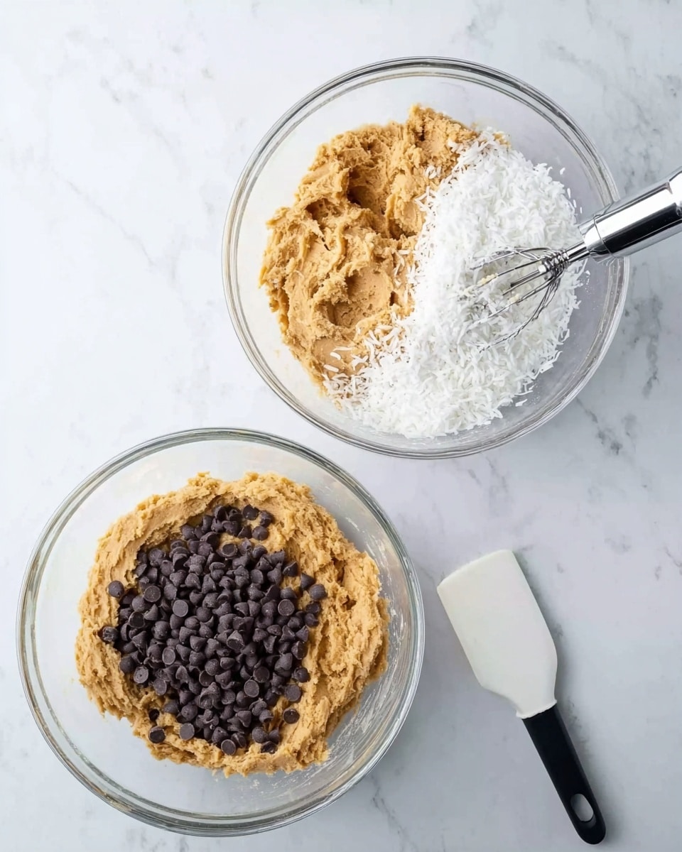 The image shows two clear glass bowls placed on a white marbled surface. The first bowl on the left contains a light brown dough mixture with a pile of white shredded coconut on top, and a silver hand mixer is partially visible mixing the ingredients. The second bowl on the right holds the same light brown dough mixture with a large pile of dark chocolate chips on one side. A white spatula with a black silicone head lies next to the bowl. The textures include the rough, creamy dough and the small, round chocolate chips. Photo taken with an iphone --ar 4:5 --v 7