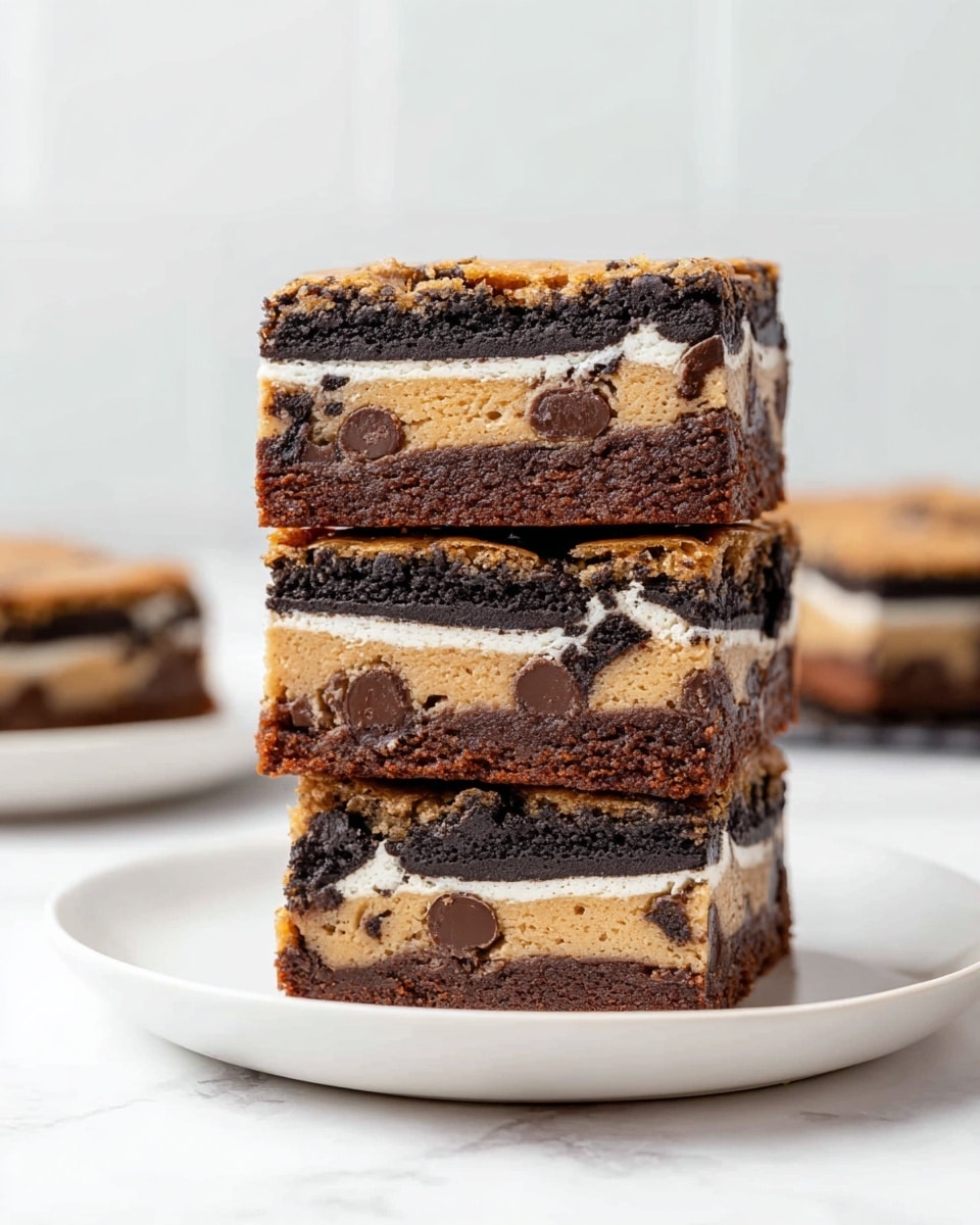 The image shows a stack of three thick dessert bars on a white plate with a white marbled surface in the background. Each bar has four visible layers: the bottom layer is a light brown cookie dough with large chocolate chips, the second layer is a whole Oreo-style cookie with black and white colors, the third layer is a rich, dark brown brownie with a slightly cracked top, and the top layer repeats with a thin brownie crust. The layers are clearly defined, giving a dense and textured look to the stack. Photo taken with an iphone --ar 4:5 --v 7
