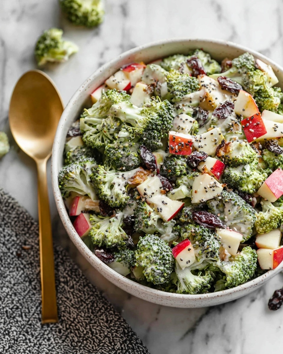 The image shows a close-up of a white bowl filled with a colorful broccoli salad. The salad has three main layers: a bright green layer of small broccoli florets, a layer of creamy white dressing mixed evenly throughout, and small cubed pieces of red and white apple scattered on top. Black poppy seeds are sprinkled over the salad, adding small dark spots throughout. The salad also contains bits of dark raisins and white nuts or seeds spread evenly. The bowl sits on a white marbled surface with some broccoli salad pieces and poppy seeds scattered around. A large gold spoon is placed to the left of the bowl, and part of a grey patterned cloth is visible near the bottom edge. Photo taken with an iphone --ar 4:5 --v 7