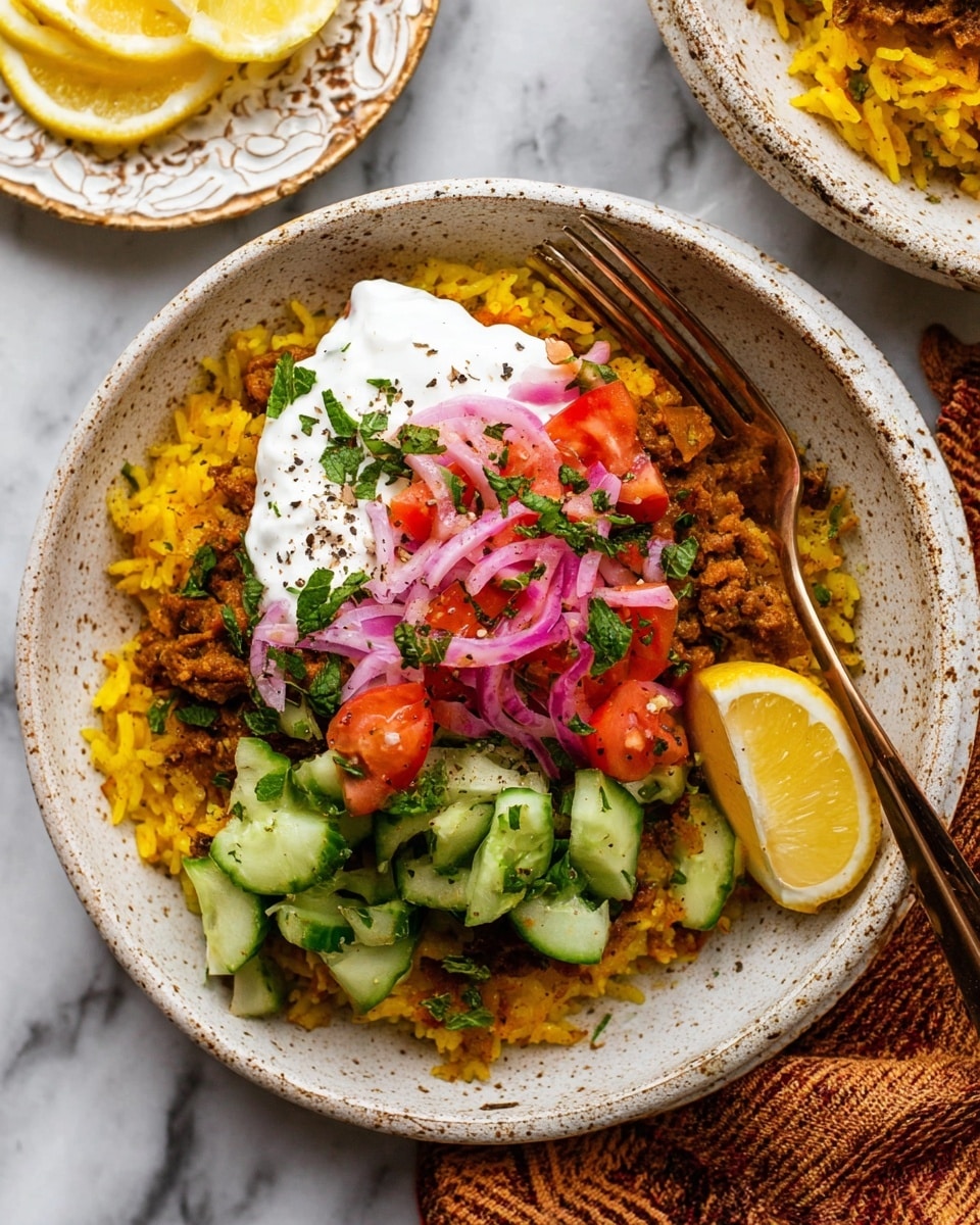 A white speckled bowl holds a layered dish with a base of golden yellow rice mixed with browned ground meat, topped with a dollop of white yogurt. On top, there is a fresh salad made of green cucumber slices, red tomato pieces, and thin purple onion slices mixed with green herbs, all sprinkled with black pepper. A bright yellow lemon wedge rests on the side of the bowl. A bronze fork leans on the bowl’s edge, and the bowl sits on a white marbled surface near a patterned white plate with lemon wedges and a textured brown cloth. photo taken with an iphone --ar 4:5 --v 7