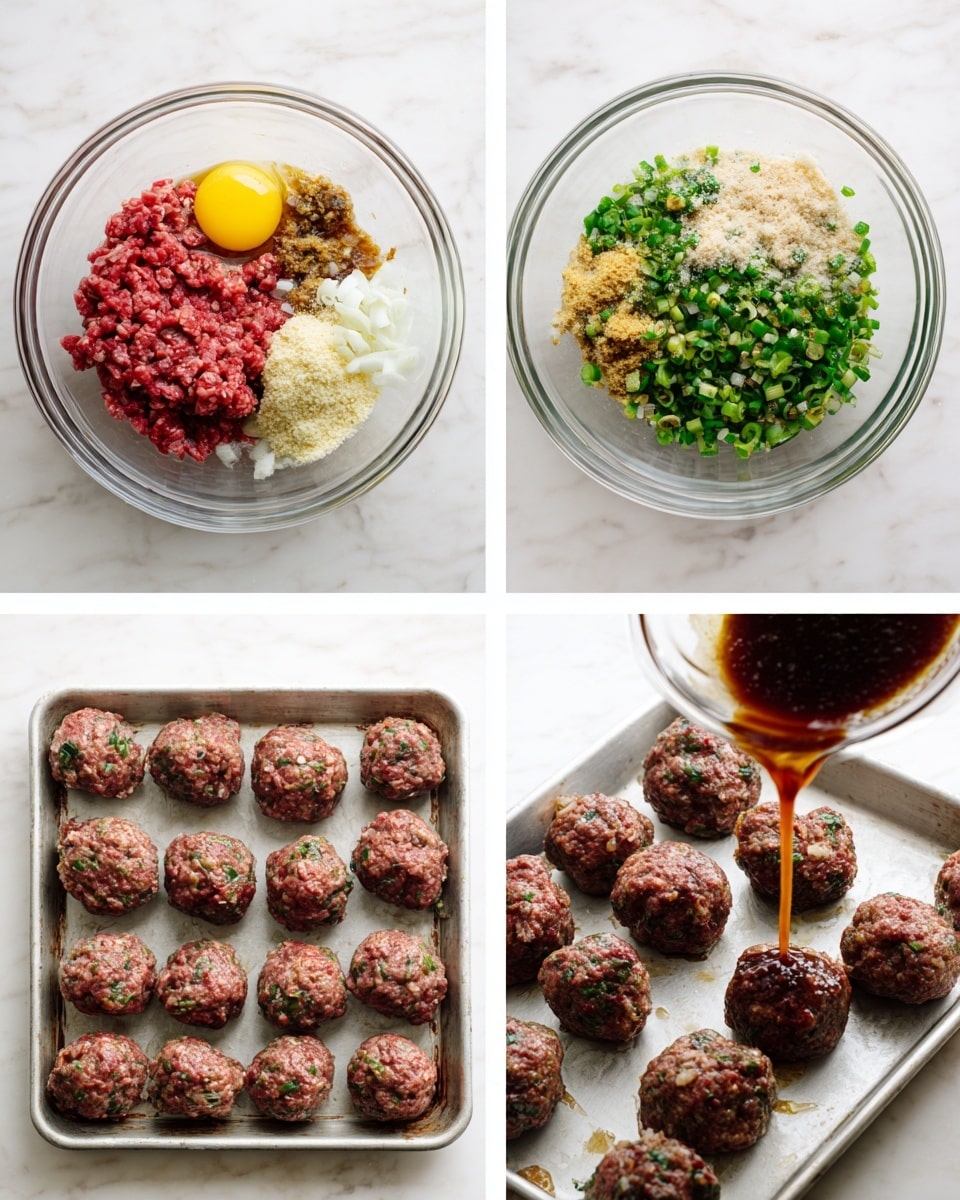 A collage of four images showing the process of making meatballs in a clear glass bowl and on a metal tray on a white marbled surface. The first image shows raw ingredients layered in the bowl including red ground meat, green chopped scallions, light beige breadcrumbs, an uncooked egg yolk, minced garlic, and spices. The second image presents the mixed meat with green scallions evenly spread throughout. The third image contains evenly spaced raw meatballs placed in rows on a metal tray, all uniform in size and shape. The last image depicts cooked brown meatballs with green bits inside in the same glass bowl, with a dark brown sauce being poured over them from a clear container. Photo taken with an iphone --ar 4:5 --v 7