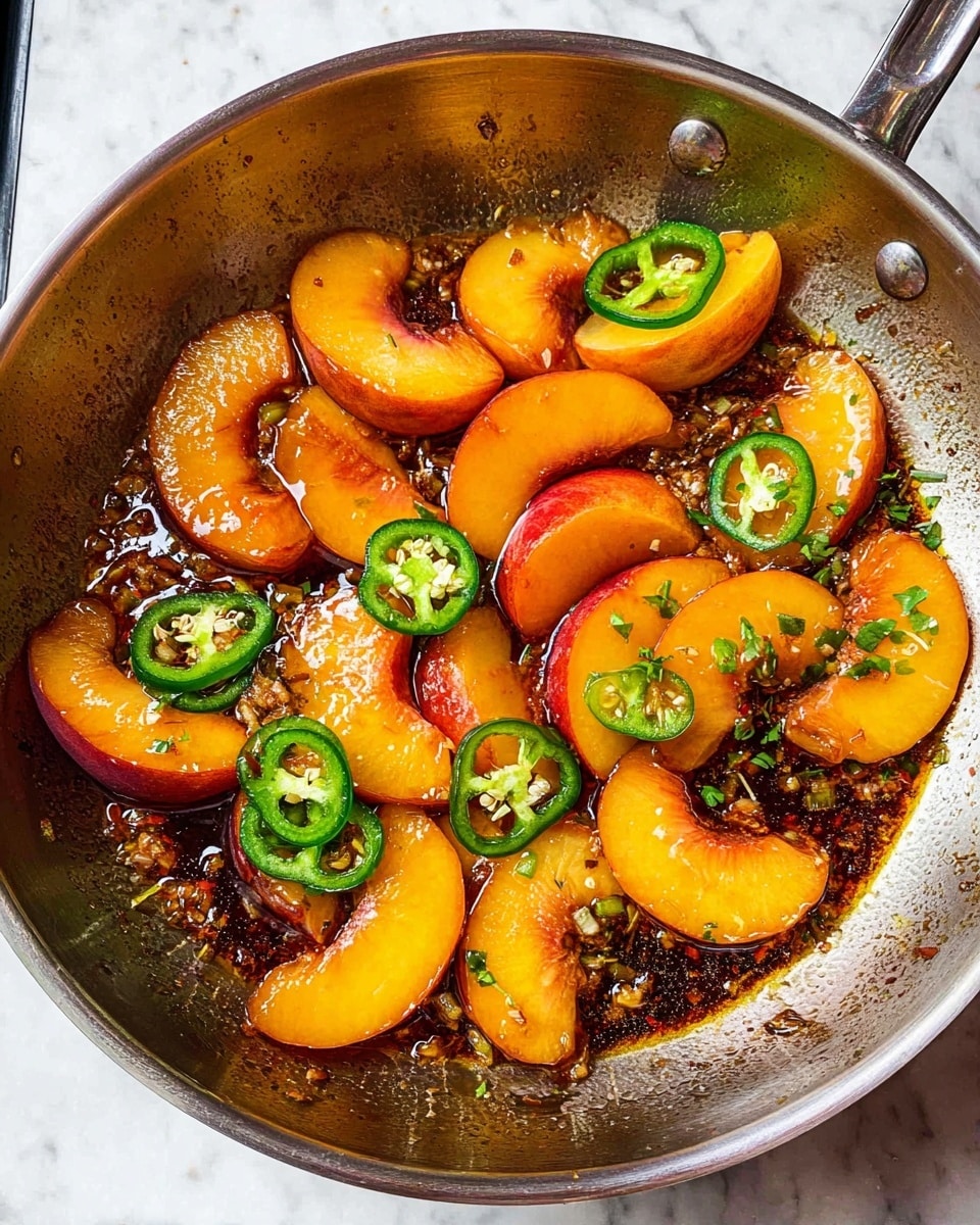 The image shows a shiny metal pan containing several slices of cooked peaches. The peach slices are golden-orange with slightly browned edges and are spread mostly in the center and edges of the pan. Scattered among the peaches are thin, circular slices of bright green jalapeño peppers. The pan also has visible small pieces of minced garlic and a dark brown sauce pooling at the bottom with specks of herbs and spices that add texture. A few small green herb bits are sprinkled over the top. The pan is set on a white marbled surface. photo taken with an iphone --ar 4:5 --v 7