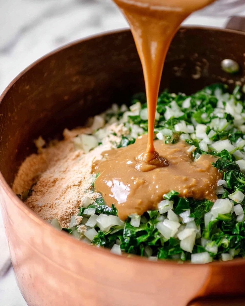 In a close-up view inside a pot, a thick tan sauce is pouring down as the top layer, flowing over chopped green leafy vegetables and diced white onions as the second layer, and a light sprinkle of beige powder as the bottom layer; the pot is copper-colored with a smooth texture, and the scene is set against a white marbled background. photo taken with an iphone --ar 4:5 --v 7