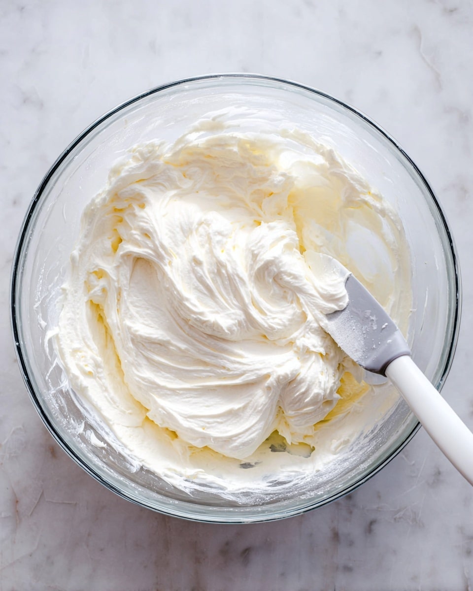 A clear glass bowl placed on a white marbled surface holds a large amount of thick, creamy white whipped mixture with soft, uneven peaks and folds throughout. A white spatula with a gray rubber tip is partially submerged in the creamy mixture, showing smooth and airy texture. The bowl has smooth edges and the whipped mixture fills it about halfway, with the spatula resting on one side. Photo taken with an iphone --ar 4:5 --v 7