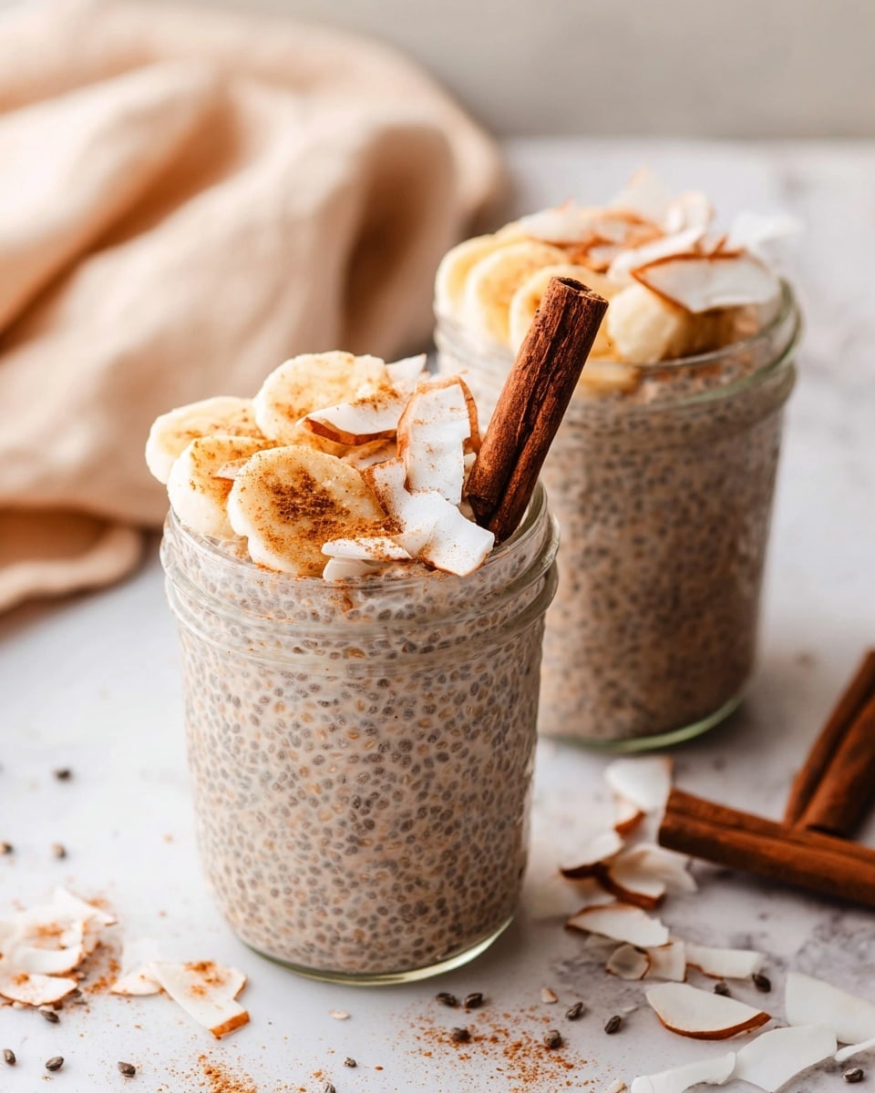 Two glass jars filled with a creamy light brown chia pudding showing visible tiny black chia seeds throughout. Each jar is topped with a layer of thin banana slices, off-white coconut flakes, and a sprinkling of warm brown cinnamon powder. A dark brown cinnamon stick is placed upright in each jar, adding a vertical element. The jars are placed on a white marbled surface with some scattered coconut flakes and chia seeds around. The background includes a soft beige cloth and a blurred cinnamon stick, creating a warm and cozy atmosphere. photo taken with an iphone --ar 4:5 --v 7