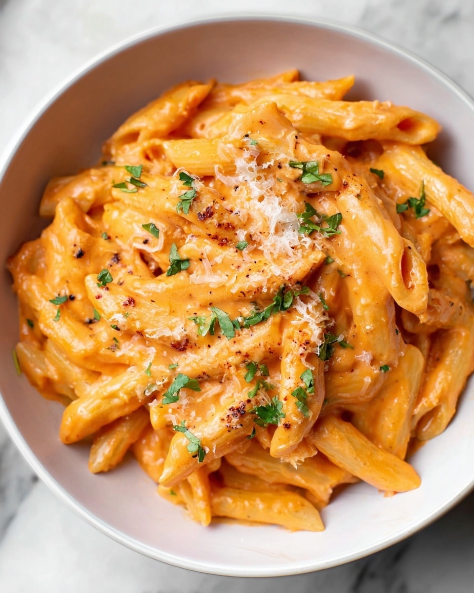 A close-up of a bowl of penne pasta covered in a creamy orange sauce with a smooth and slightly thick texture. The pasta is arranged in a loose pile inside a white bowl on a white marbled surface. The sauce coats each piece of pasta evenly, with a few small bits of grated cheese and chopped green herbs scattered over the top for added texture and color contrast. The lighting highlights the glossiness of the sauce and the softness of the pasta. photo taken with an iphone --ar 4:5 --v 7