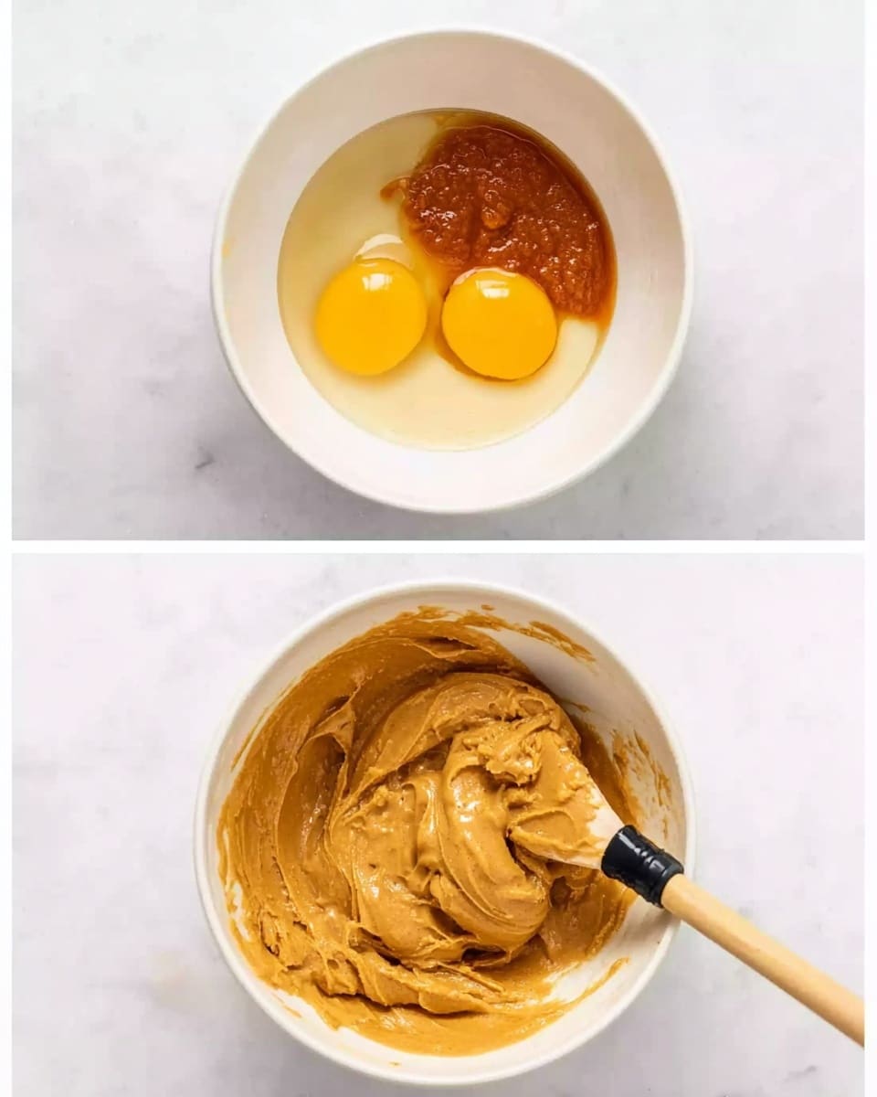 The first image shows a white bowl with three layers: a bottom layer of smooth peanut butter, on top of it two raw egg yolks slightly mixed in, and a sticky golden syrup poured over everything. The second image displays the same white bowl with the ingredients stirred into a thick, creamy, light brown peanut butter mixture with a wooden spoon that has a black silicone tip inside the bowl. Both bowls are placed on a white marbled surface photo taken with an iphone --ar 4:5 --v 7