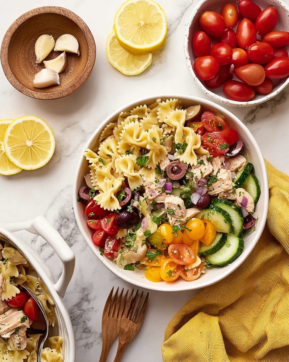 A white bowl filled with a colorful pasta salad, showing three main layers: yellow bow-tie pasta at the base, bright red cherry tomato halves, and mixed green cucumber slices with purple olives and orange bell pepper pieces scattered throughout, all topped with pieces of light brown cooked chicken and green herbs. Nearby, half and sliced lemons add a fresh yellow to the white marbled background, along with a small wooden bowl of cherry tomatoes and a wooden bowl of garlic cloves above. A white dish to the side holds more of the pasta salad with a wooden spoon resting inside, while a yellow cloth napkin with a fork and knife sits beside the bowl. Photo taken with an iphone --ar 4:5 --v 7