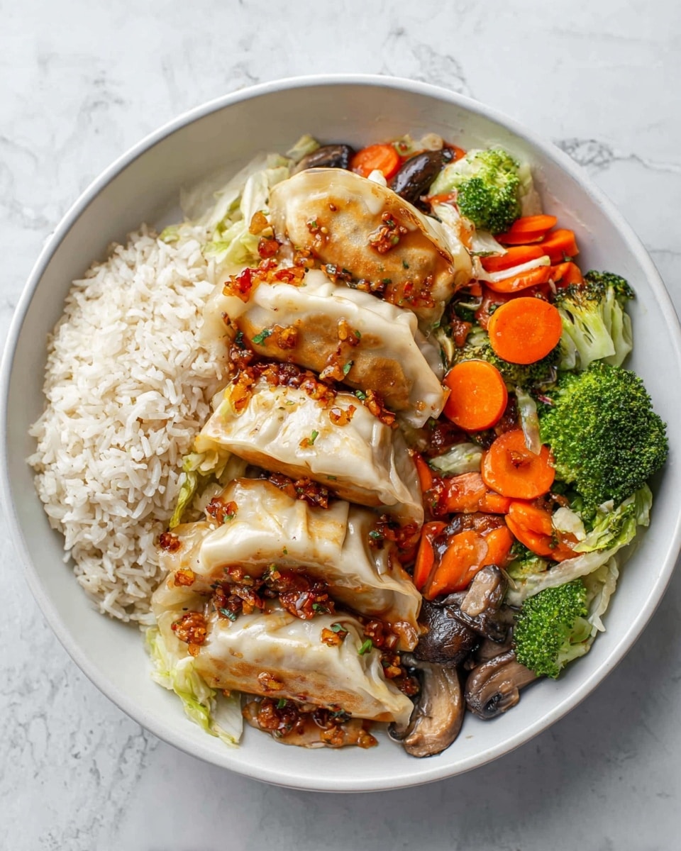 A white bowl on a white marbled surface holds a colorful meal with three main layers. On the left side is a mound of fluffy white rice with a soft, grainy texture. The middle layer shows four pan-fried dumplings arranged in a slightly overlapping line, their pale, slightly shiny skins sprinkled with small bits of a chunky brown sauce. The right side and bottom layers have a mix of bright orange carrot slices, green broccoli florets, dark brown mushroom slices, and translucent light cabbage pieces, all mixed evenly and peeking out from under the dumplings. The overall look is warm and fresh with a mix of soft, smooth, and crunchy textures. photo taken with an iphone --ar 4:5 --v 7