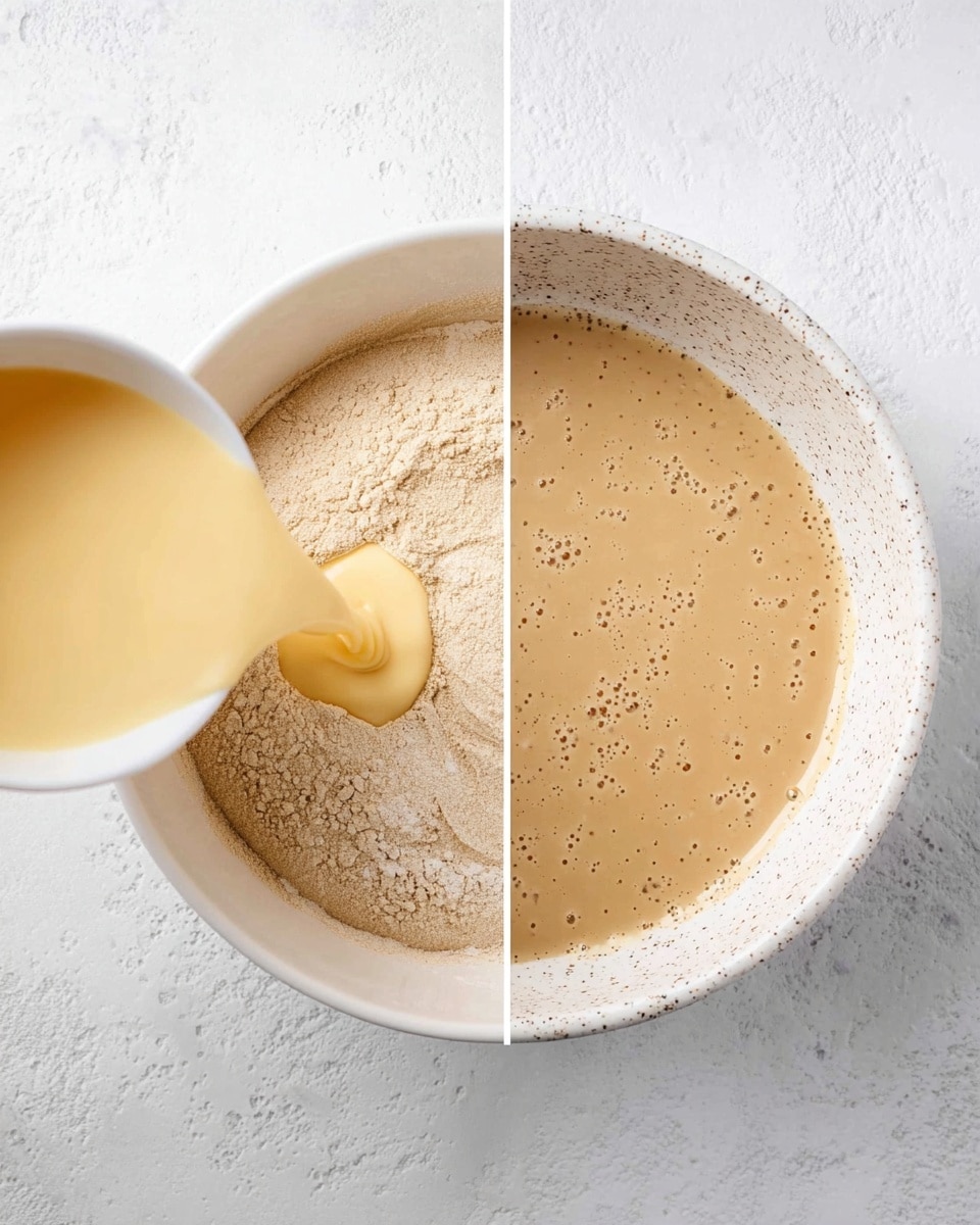 The image is split into two parts side by side, both showing a white speckled bowl on a white marbled surface. On the left side, a pale yellow liquid batter is being poured from a container over a light brown powdery mixture inside the bowl, creating a contrast between the dry and wet ingredients. On the right side, the same bowl holds a smooth, light brown batter filled evenly with tiny bubbles across the surface, showing it is well mixed. The scene includes soft natural light and a clean, minimal setup. photo taken with an iphone --ar 4:5 --v 7