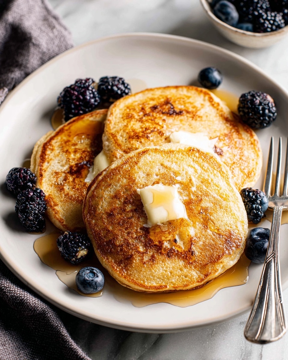 A white plate holds three golden brown pancakes placed side by side, each topped with a small dollop of melting butter and drizzled with syrup that glistens on their slightly textured surfaces. Around the pancakes are fresh blackberries and blueberries, adding deep purple and blue tones to the warm colors of the stack. A silver fork lies on the right edge of the plate, resting on the white marbled surface beneath. The scene is softly lit, highlighting the fluffy texture and slight crispiness of the pancakes. photo taken with an iphone --ar 4:5 --v 7