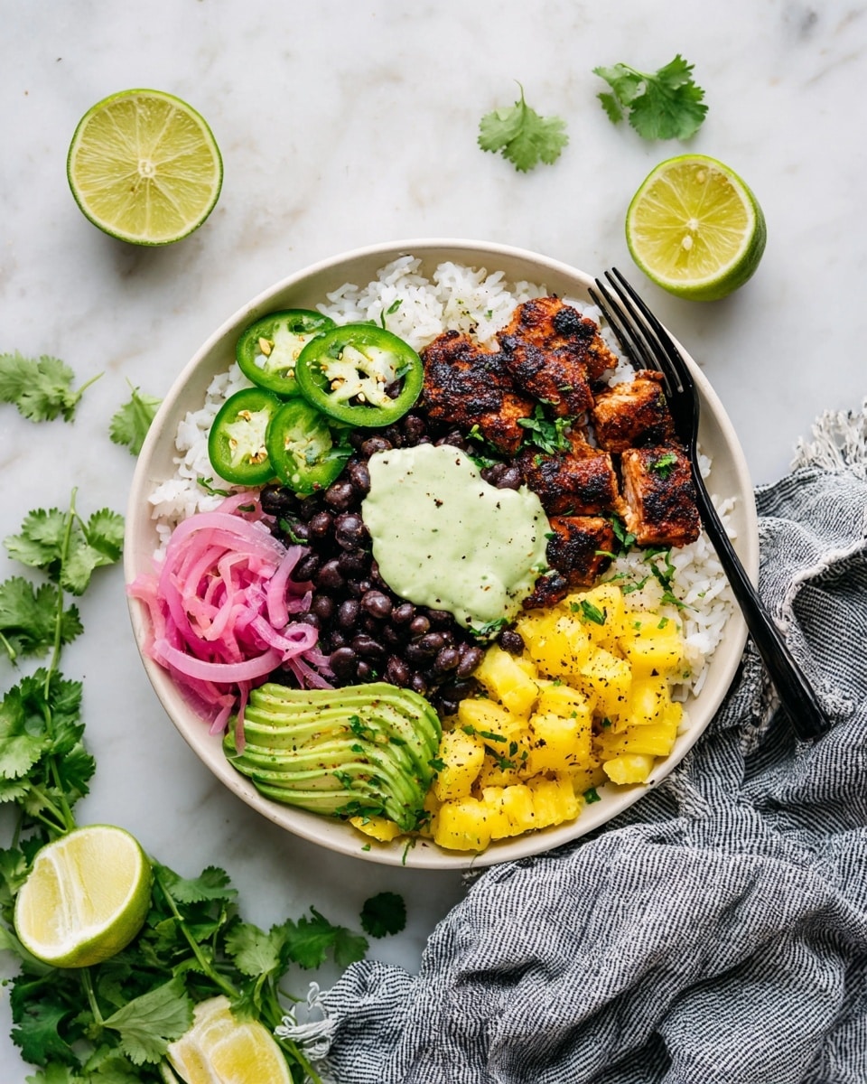 A white bowl filled with a base layer of white rice topped on one side with grilled, dark brown chicken pieces and a dollop of light green creamy sauce with herbs in the center. Next to the chicken are black beans, and adjacent to the beans are thin slices of green jalapeño peppers. On the opposite side, there is bright yellow pineapple cut into chunks, beside avocado sliced thinly in a fan shape with a sprinkle of black pepper, and topped with fresh green cilantro leaves. Pickled pink onions rest next to the pineapple, and a green lime wedge is placed on the edge of the bowl. A black plastic fork is tucked into the beans on the right side. The bowl sits on a white marbled surface, with cilantro leaves and whole lime wedges scattered around, and a crumpled gray striped cloth is placed at the bottom right corner. Photo taken with an iphone --ar 4:5 --v 7