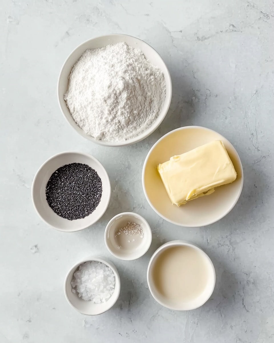 The image shows six small white bowls arranged on a white marbled surface. The top left bowl is full of white powder, likely flour or powdered sugar, with a soft texture. To its right is a bowl containing a smooth, creamy yellowish block of butter. Below these two bowls, from left to right, there is a small bowl filled with black seeds, a tiny bowl with a light brown liquid, a bowl of white granulated salt, and a bowl of a light beige liquid, possibly milk or cream. All bowls have smooth textures with clear food contents. Photo taken with an iphone --ar 4:5 --v 7