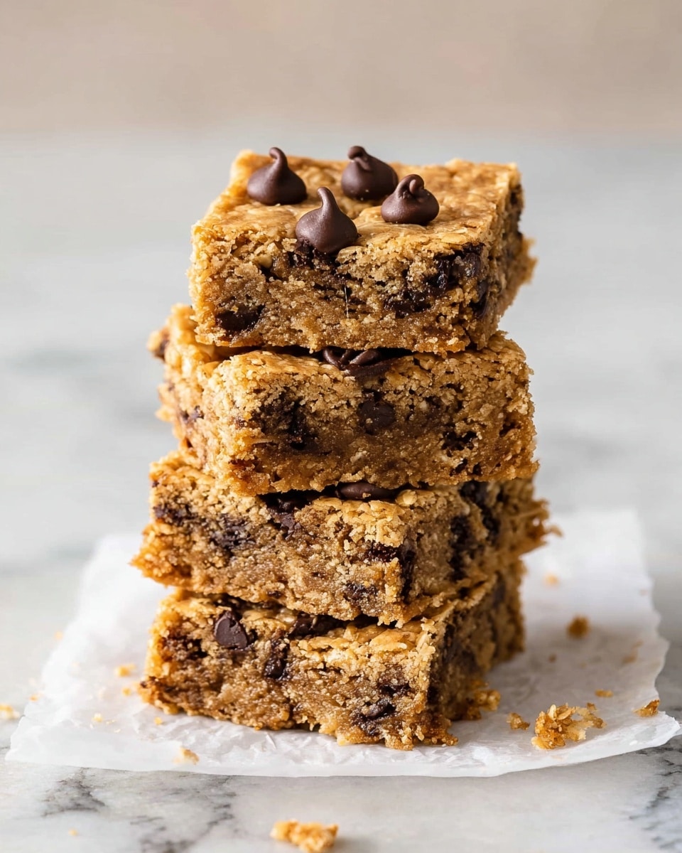 A stack of four square oat bars with chocolate chips is placed on white parchment paper on a white marbled surface. Each bar shows a dense, crumbly texture with visible oats and scattered dark chocolate chips throughout. The top bar has a few chocolate chips sitting on its surface, creating a contrast against the golden-brown color of the oat crust. Small crumbs are scattered around the base of the stack. Photo taken with an iphone --ar 4:5 --v 7