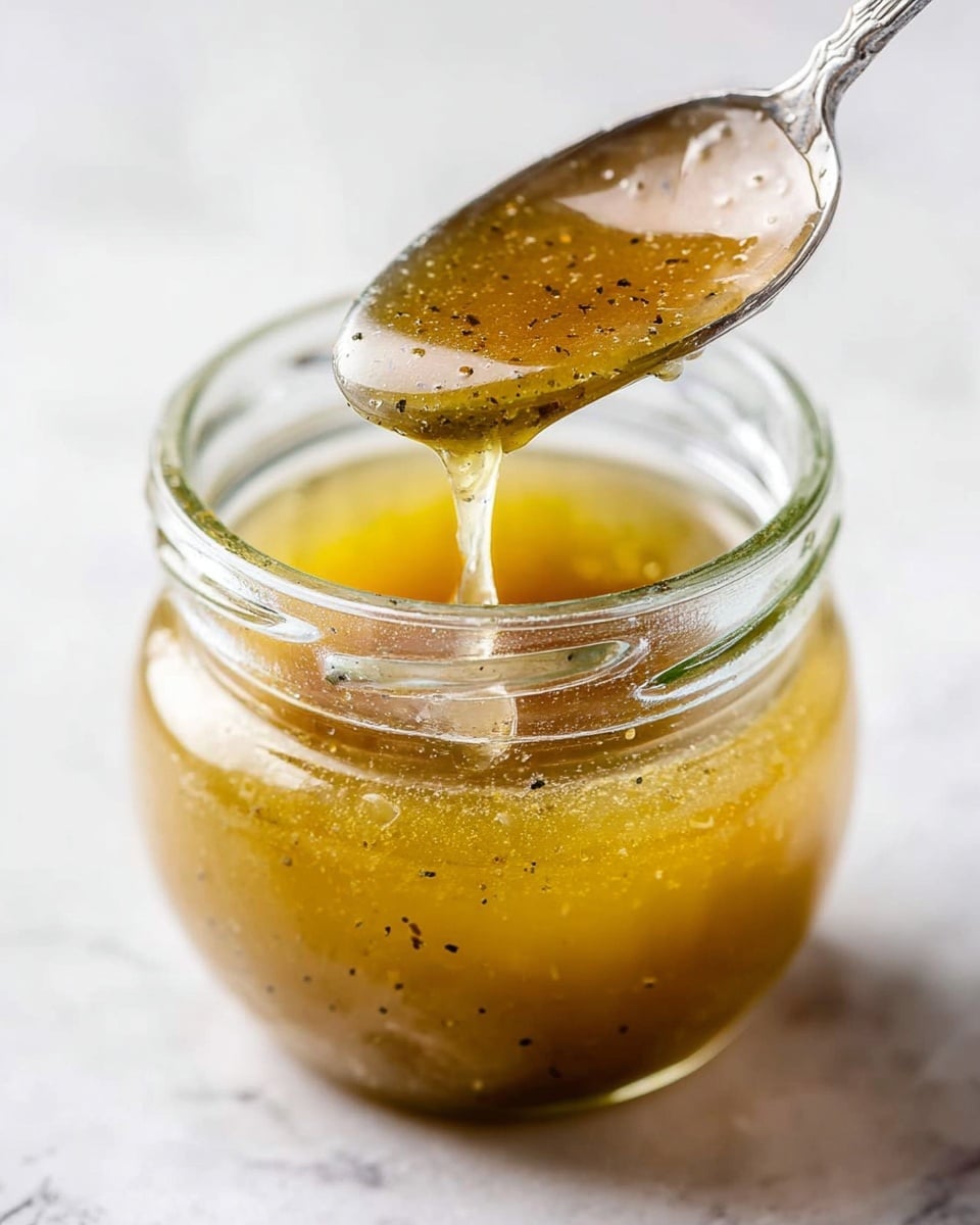 A close-up image of a small clear glass jar filled with light brown salad dressing that has visible black pepper specks. A spoon holds a glossy, thick layer of the dressing, dripping slowly back into the jar. The jar sits on a white marbled surface with bright, natural lighting highlighting the texture and slight shine of the dressing. photo taken with an iphone --ar 4:5 --v 7