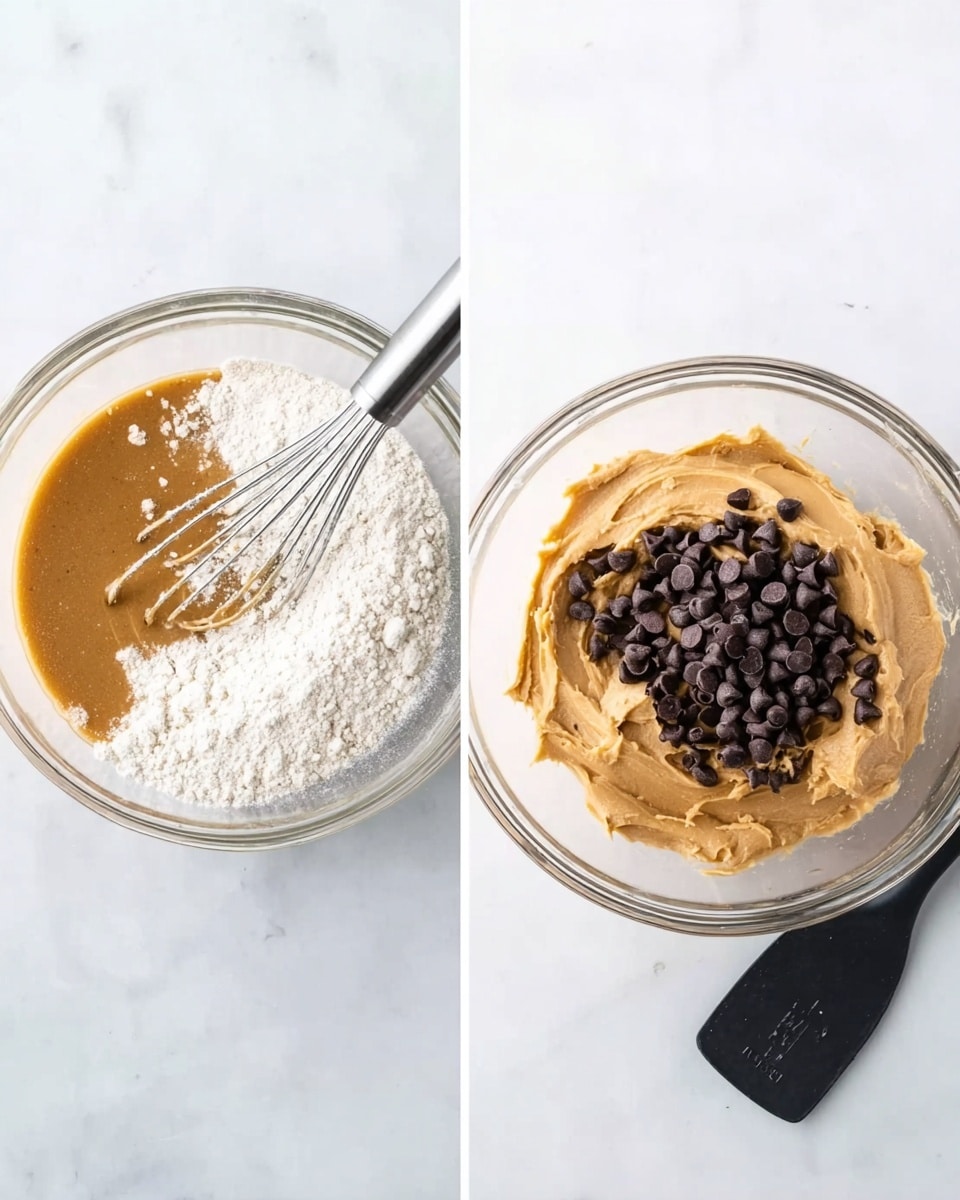 The image is split into two parts side by side, both showing clear glass bowls on a white marbled surface. On the left, a bowl contains a layer of light brown liquid topped with a thick layer of white flour, with a silver whisk resting inside, ready to mix the ingredients. On the right, the bowl holds a smooth, thick layer of light brown peanut butter, with a pile of dark chocolate chips placed on top, and a black spatula is lying nearby on the surface. The light in the image is bright and natural, highlighting the textures of the ingredients. photo taken with an iphone --ar 4:5 --v 7