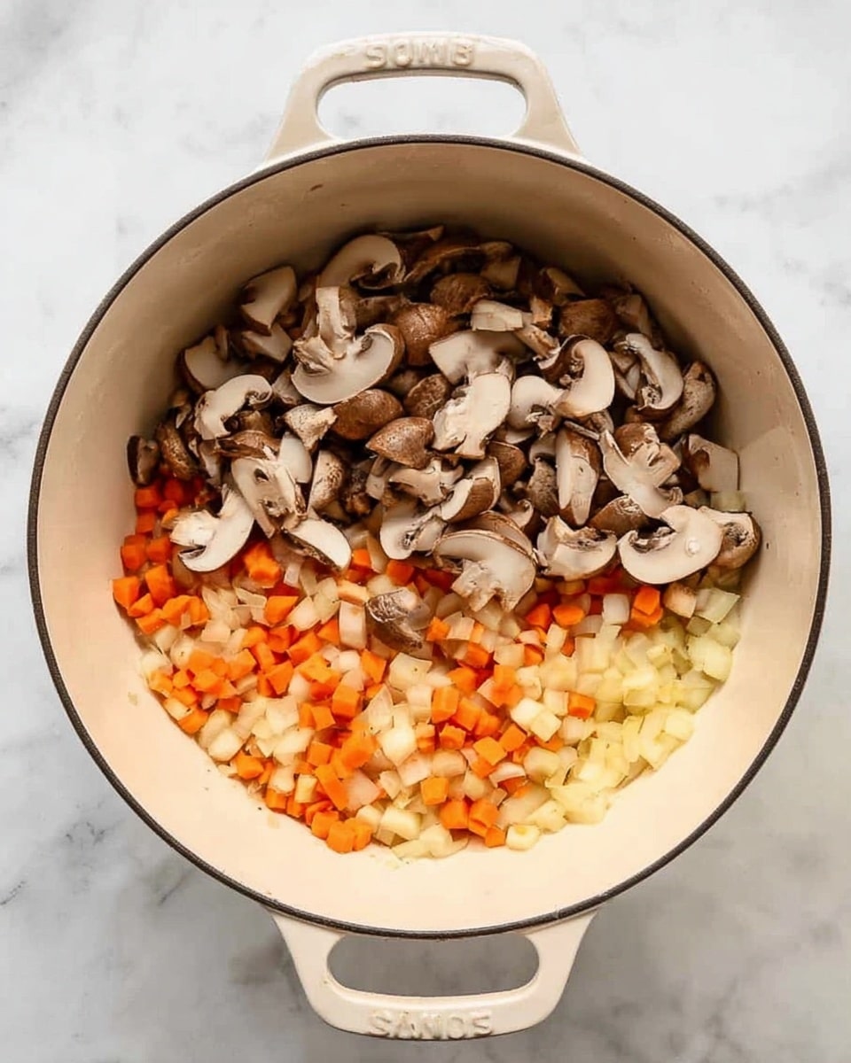 A large white pot with two handles is filled with chopped vegetables. The bottom layer has small diced orange carrots and pale yellow onions mixed together. The top layer is covered with sliced brown mushrooms, adding a rich darker brown color and smooth, curved texture. The pot is placed on a white marbled surface. photo taken with an iphone --ar 4:5 --v 7